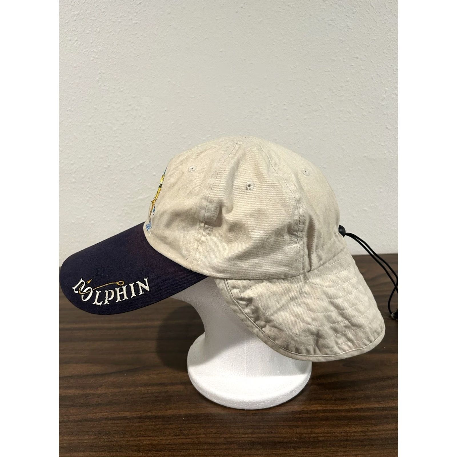 Vintage Just Hook Em Hat w/ Neck Flap Fishing Cap Embroidered Sail Fish Dolphin Beige Size ONE SIZE - 7 Thumbnail