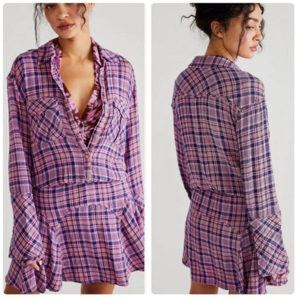 Free People NWT New Free People Milo Plaid Button Down Mini Pink Dress Size S / US 4 / IT 40 - 1 Thumbnail
