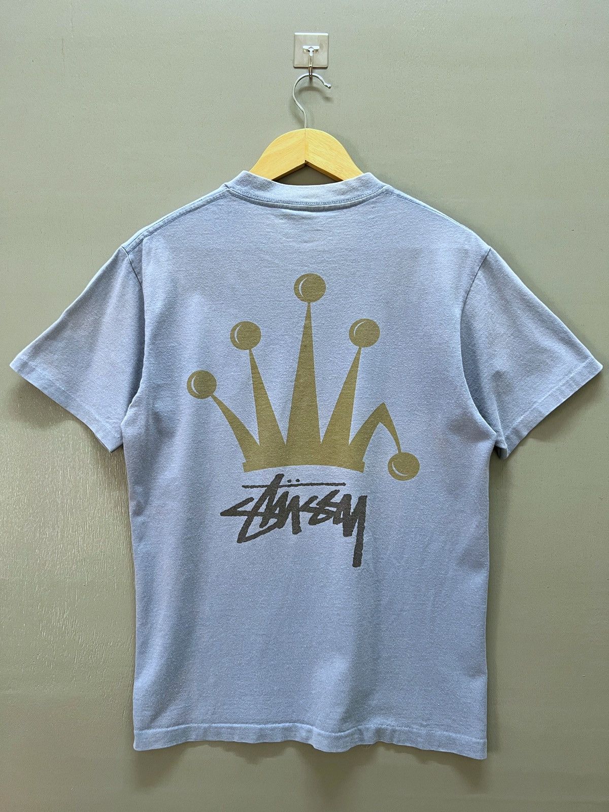 image of 90's Stussy Crown Sun Faded T-Shirt in Baby Blue, Men's (Size Medium)