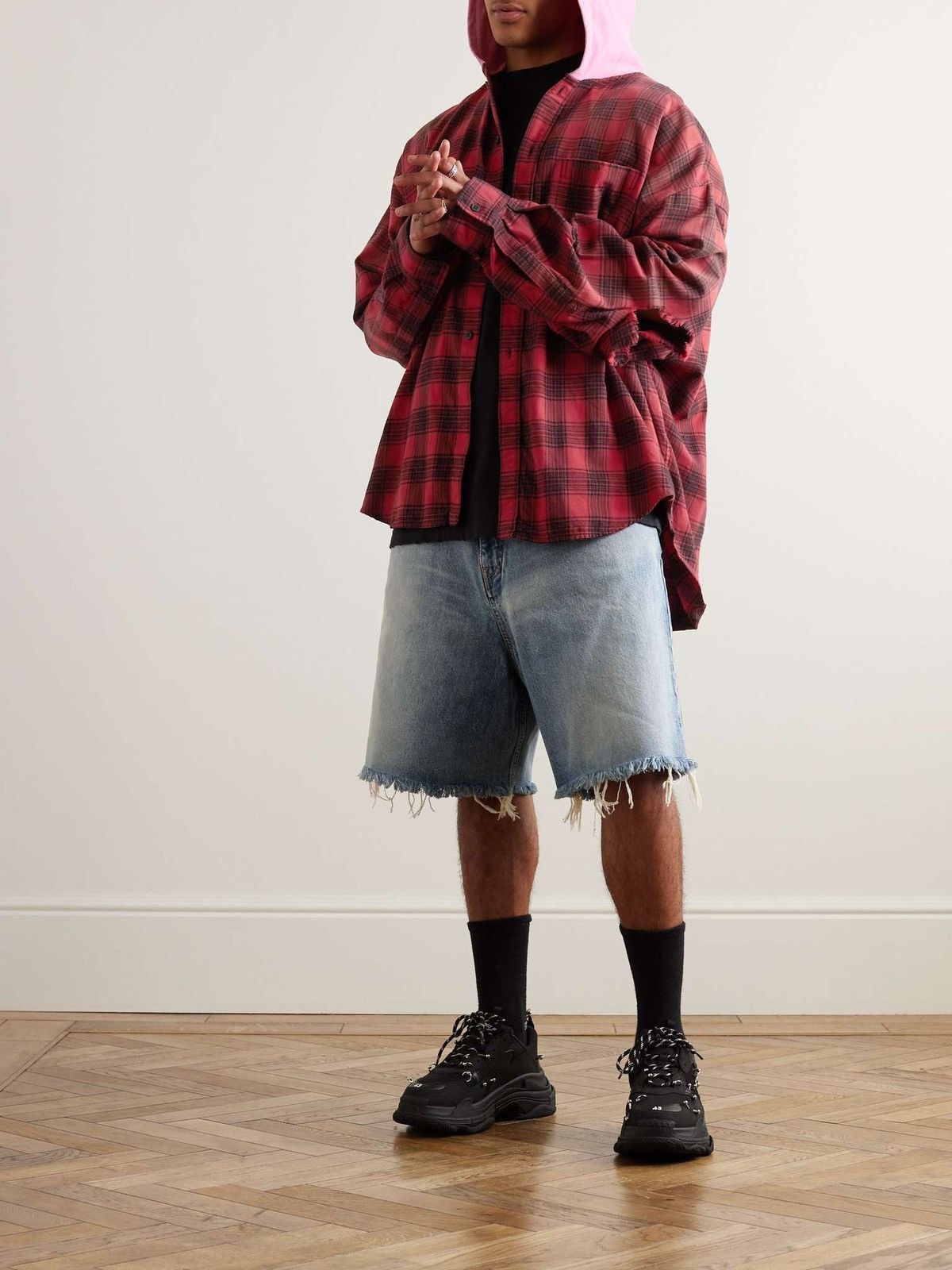 Balenciaga Checked Jersey-Trimmed Cotton-Flannel Hooded Shirt Size US M / EU 48-50 / 2 - 2 Thumbnail