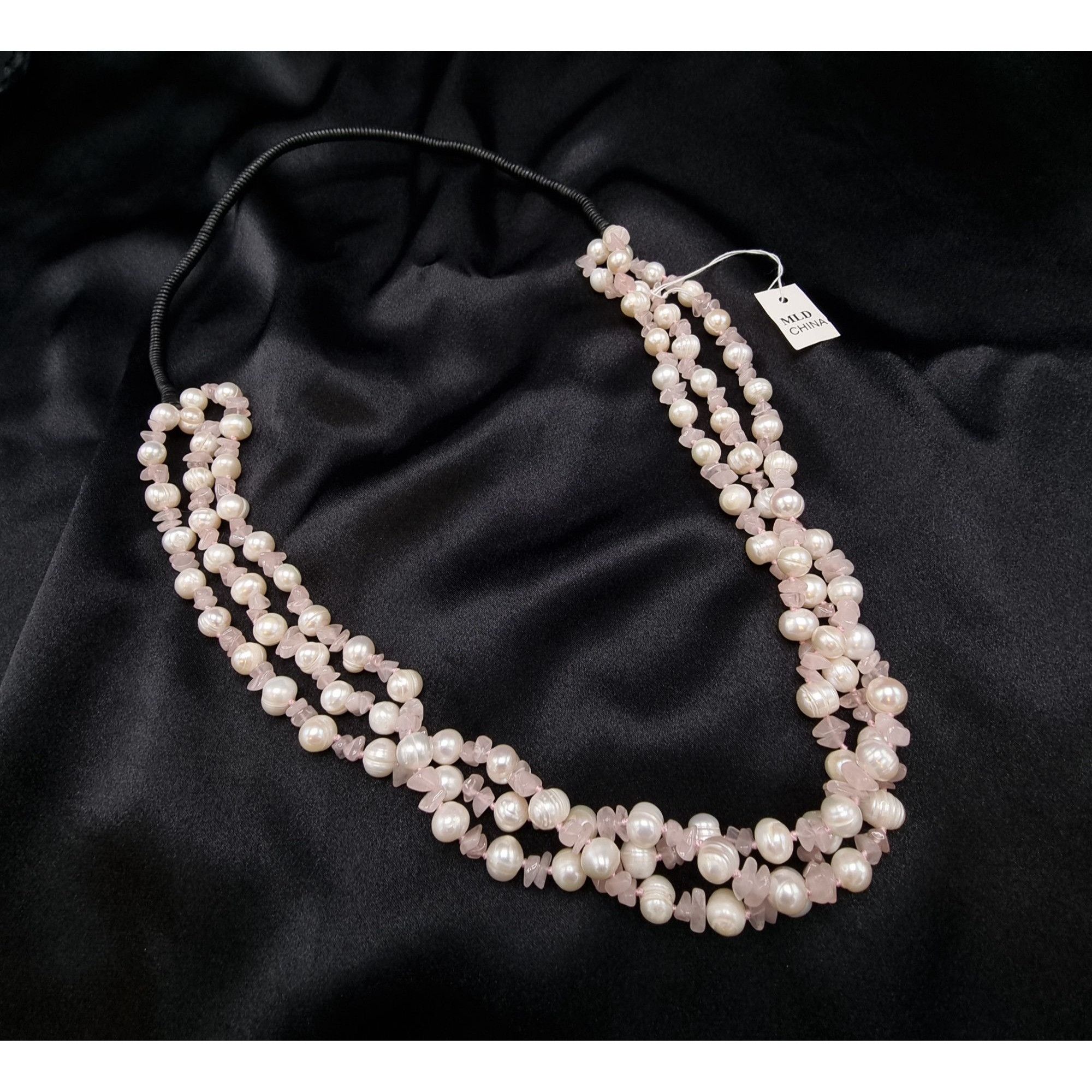 Vintage MLD Signed Freshwater Pearl & Rose Quartz Triple Strand Neck Size ONE SIZE - 1 Thumbnail