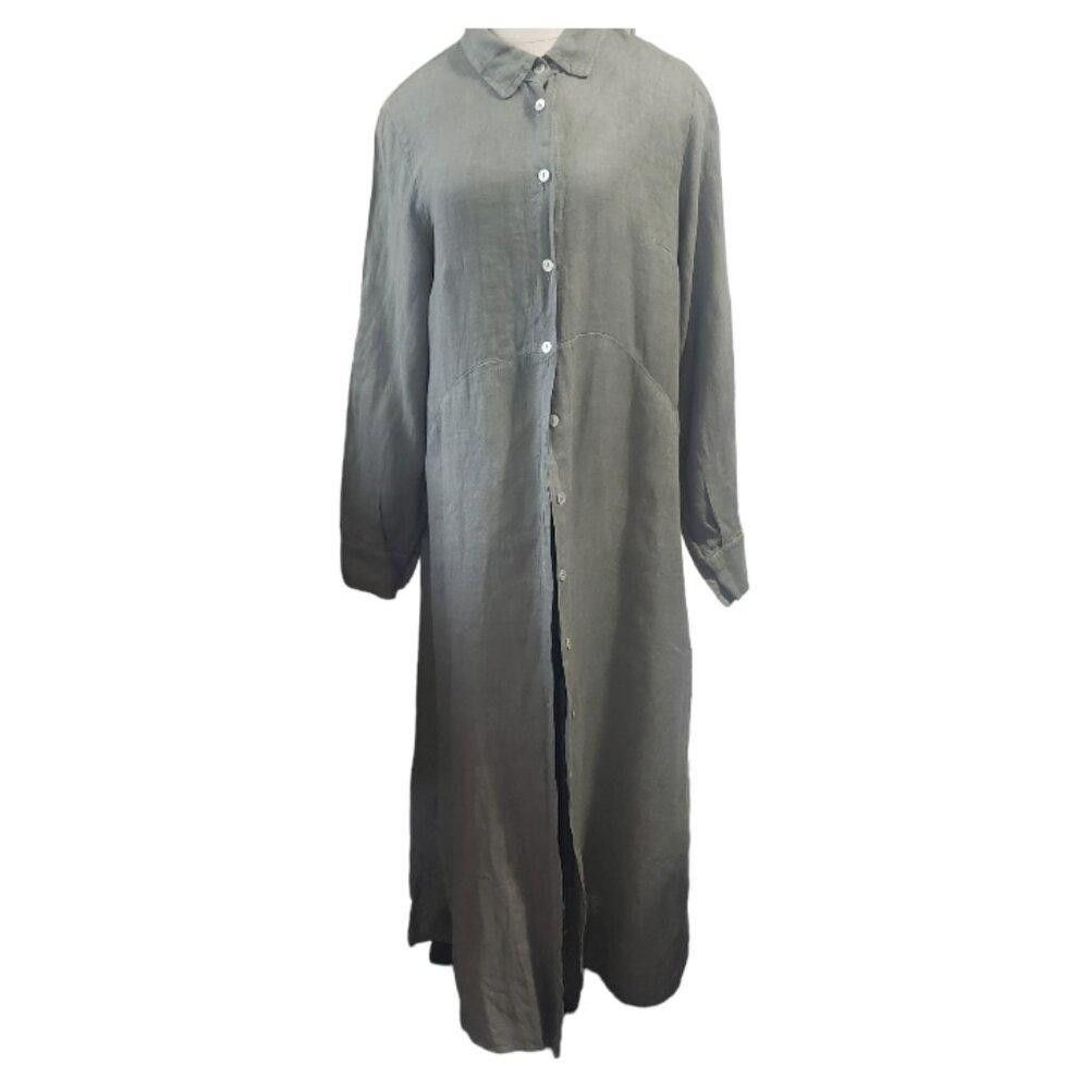Designer CT1611 Made in Italy Olive Green Linen Long Sleeve Dress M Size M / US 6-8 / IT 42-44 - 2 Thumbnail