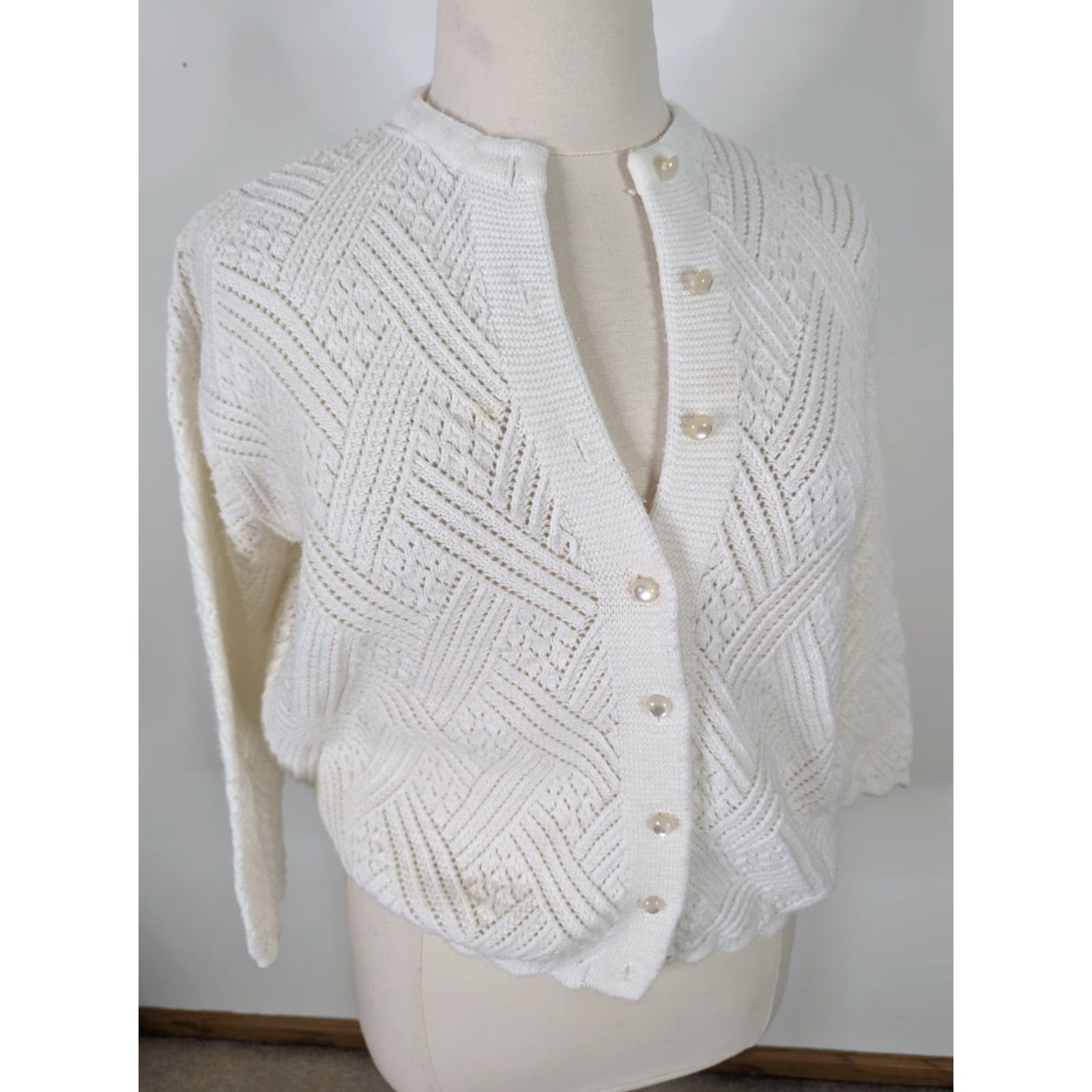 Vintage VINTAGE White Cable-Knit Cardigan Sweater XL Women Size XL / US 12-14 / IT 48-50 - 2 Thumbnail