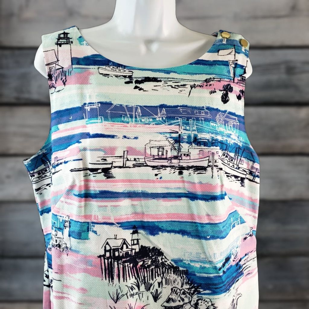 Talbots Talbots Womens Printed Dress Sz 14 Pink Blue Beach Boats Sleeveless Cotton Pencil Dress Knee Length Adult Womens Size XL / US 12-14 / IT 48-50 - 1 Thumbnail
