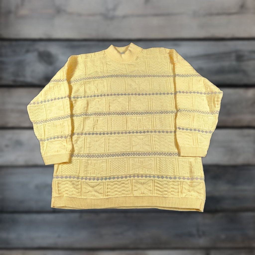 Basic Editions VINTAGE Basic Editions Sweater Womens L Yellow Oversized Chunky Knit Mock Neck Geometric 90s Size L / US 10 / IT 46 - 1 Thumbnail