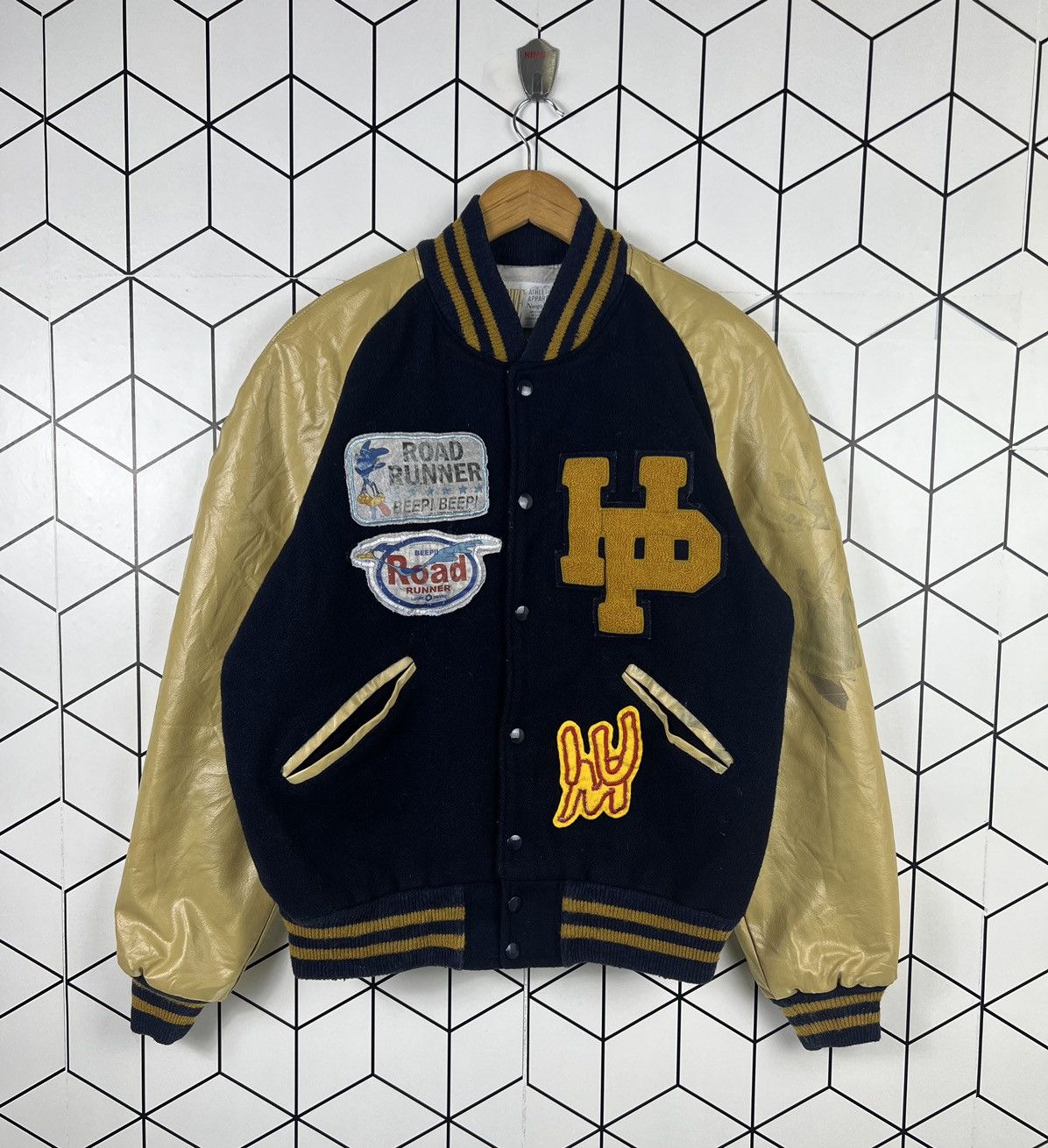 image of Howe Naugalite Road Runner Leather Varsity Jacket in Yellow, Men's (Size Medium)