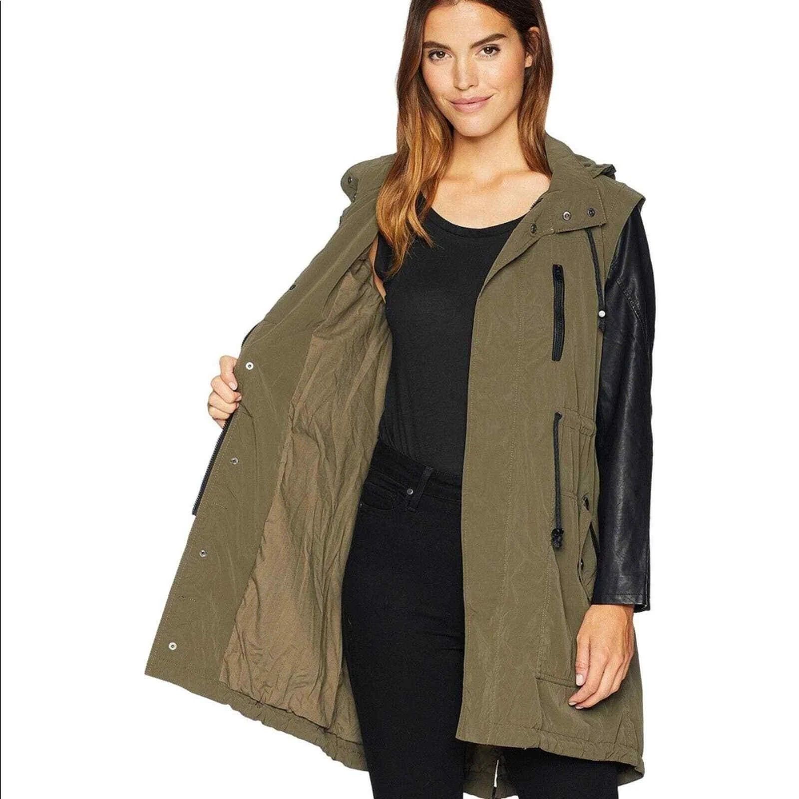 BLANKNYC Hooded Vegan Leather & Nylon Rain Jacket in Olive Green Size S / US 4 / IT 40 - 2 Thumbnail