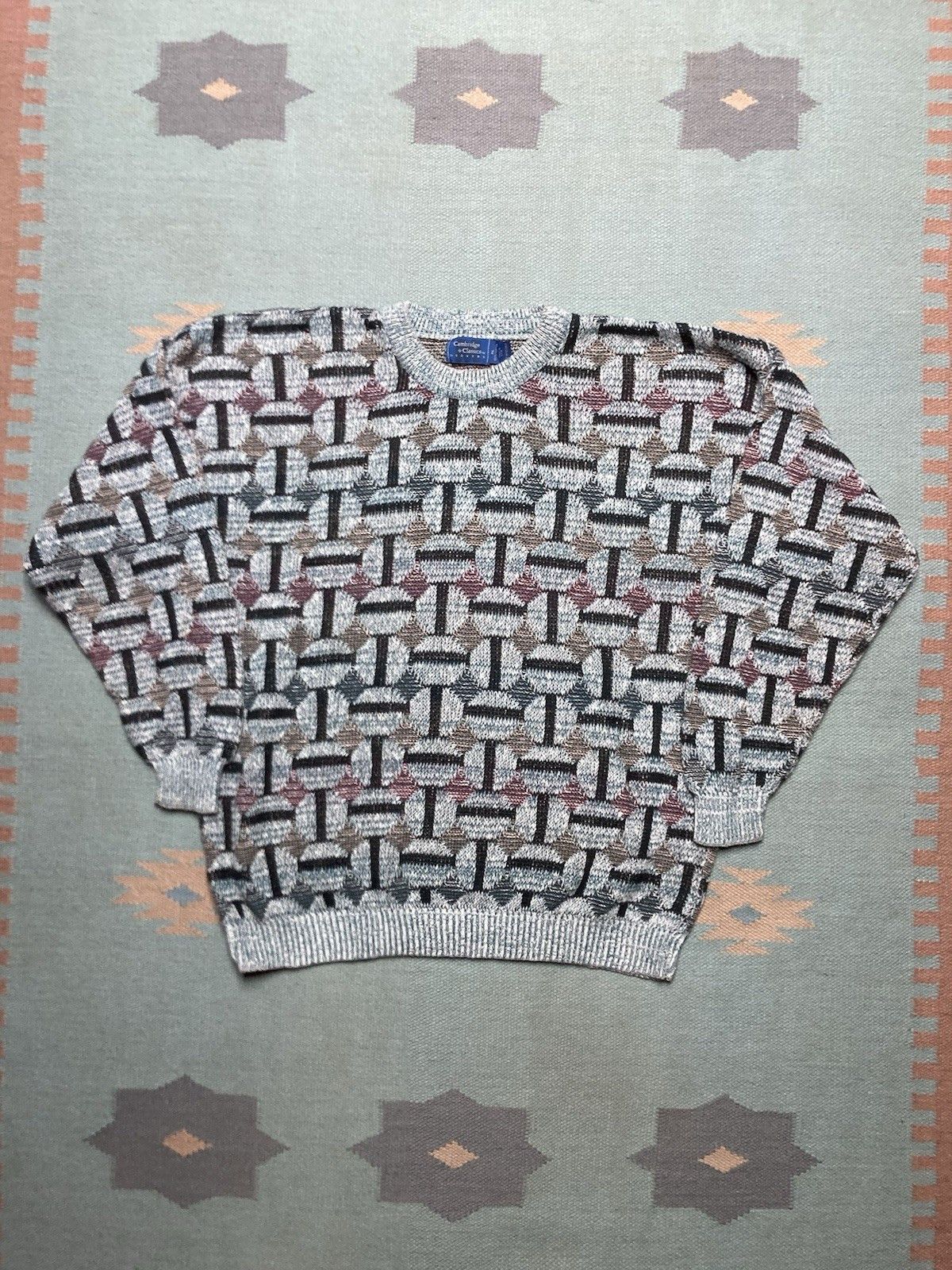 Vintage Vintage 90s knit sweater cotton thick abstract geometric XL Size US XL / EU 56 / 4 - 1 Thumbnail
