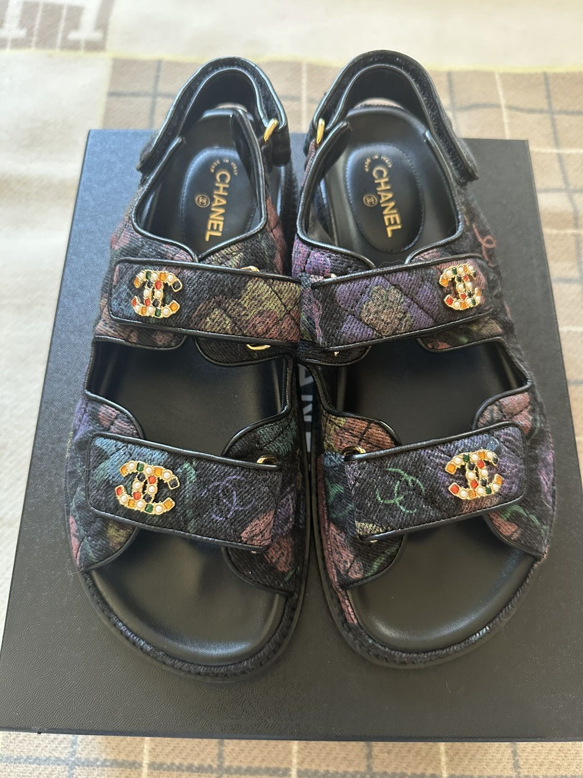 Chanel Chanel 21A black denim printed Dad sandals size 37.5 Size US 7.5 / IT 37.5 - 1 Thumbnail