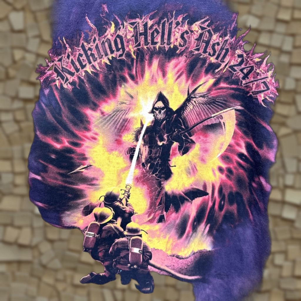 The Mountain VINTAGE The Mountain Firefighter T-Shirt Mens Large Purple Tie-Dye Grim Reaper Graphic 2000s Fall Mens Size US L / EU 52-54 / 3 - 1 Thumbnail