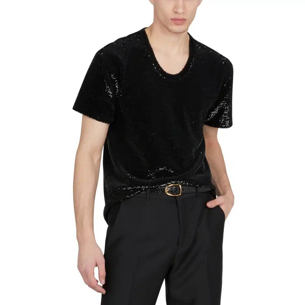 Tom Ford o1loc1c0226 KCS004 Silk Sequined Crewneck T-Shirt in Black Size US M / EU 48-50 / 2 - 2 Thumbnail
