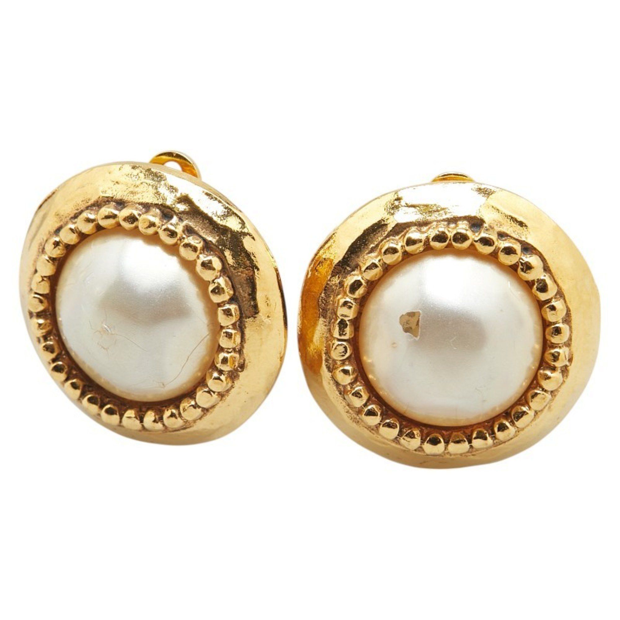 CHANEL Vintage Earrings Gold Plated with Faux Pearls Women's