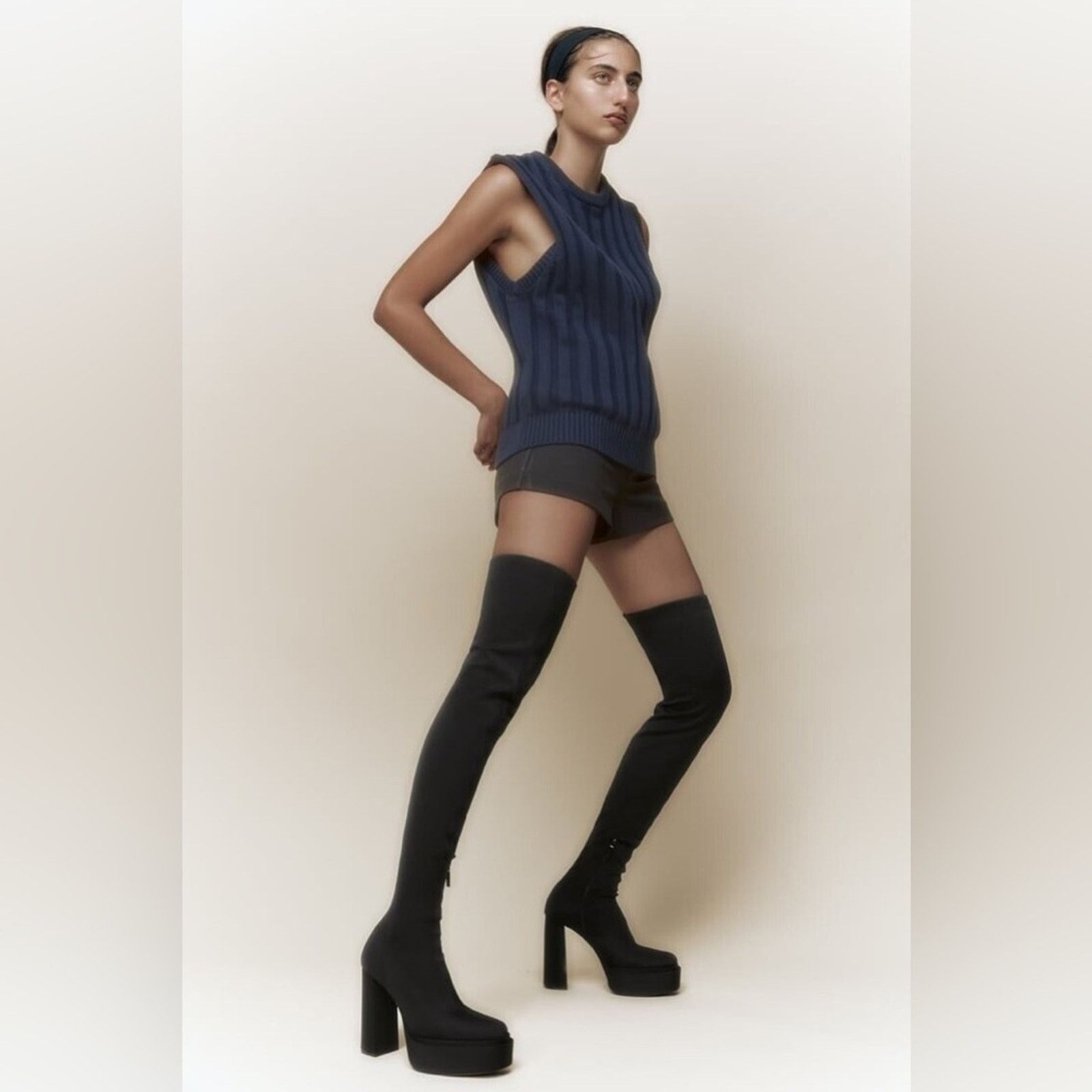 Zara NEW SZ 38 Zara over the knee boot black 5” heeled boots tall Size US 7.5 / IT 37.5 - 1 Thumbnail