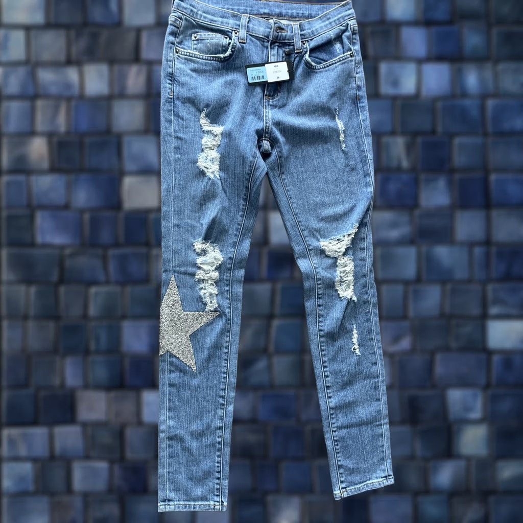 Vintage Carmar Jeans Women 26x29 Distressed Rhinestone Star Blue Denim Stretch Slim Skinny Straight USA Size 26" / US 2 / IT 38 - 1 Thumbnail