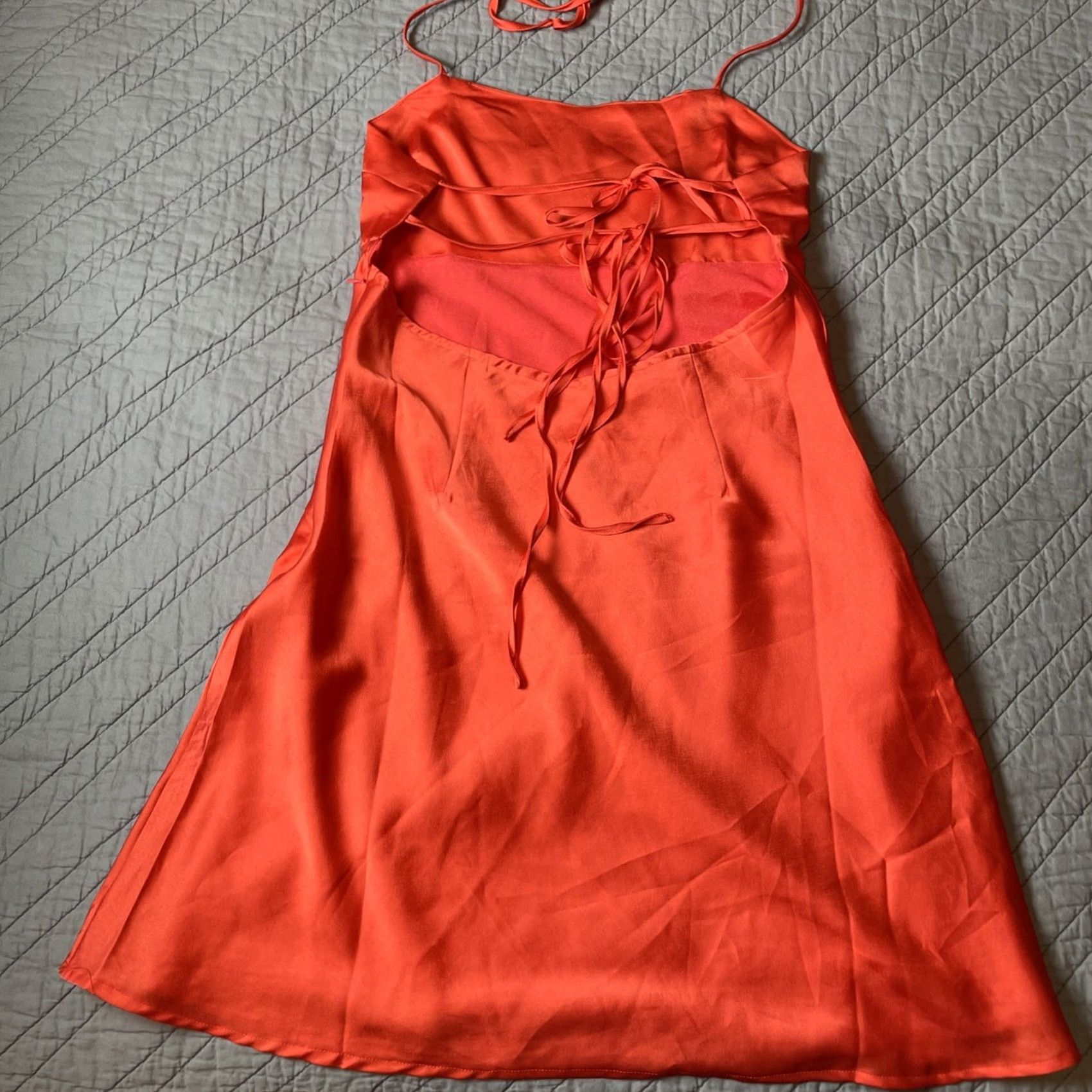 Vintage HYFVE All Nighter Satin Strappy Midi Dress L Halter Sleeveless Bow Strappy Orange Neon Melon 90s Clubwear Wedding Party Formal Women Dress Size L / US 10 / IT 46 - 5 Thumbnail
