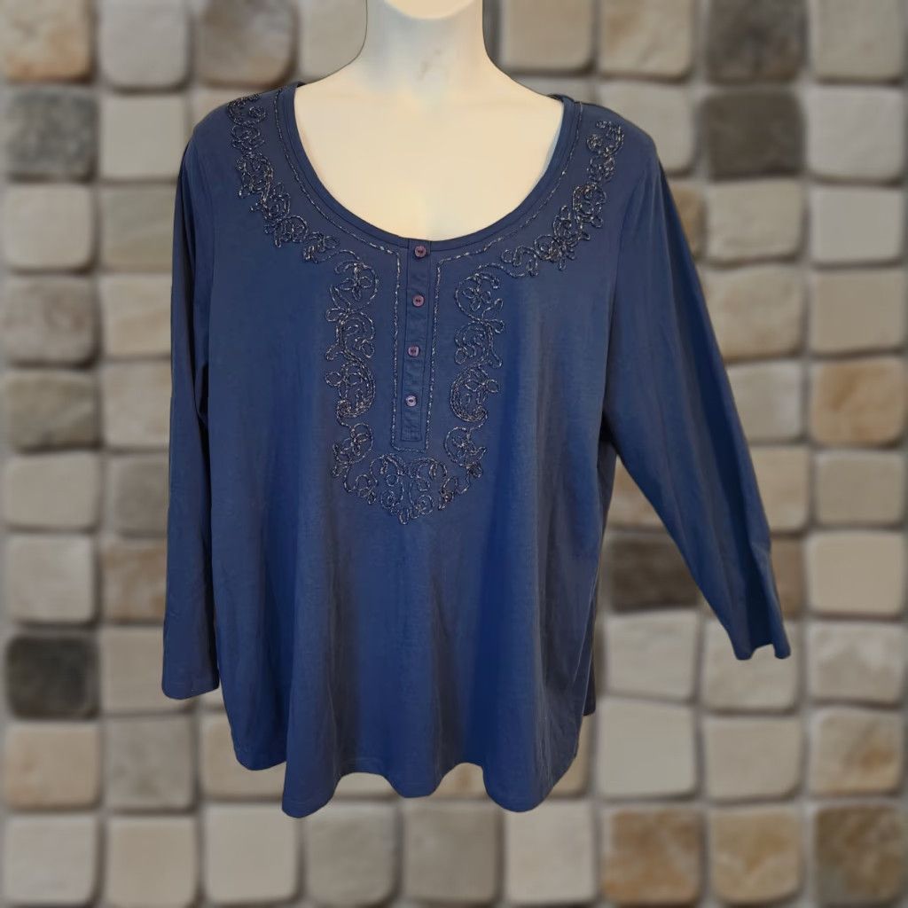 Vintage Falls Creek Blue Henley Embroidered Trim Long Sleeve Casual Top Shirt 4X Plus Womens Size XXL / US 16-18 / IT 52-54 - 1 Thumbnail