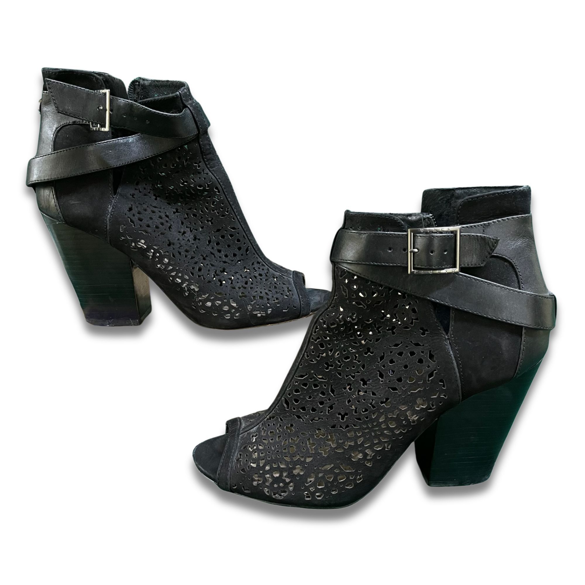 Vince Camuto VINCE CAMUTO Maizy Black Leather Peep Toe Booties With Buckl Size US 8 / IT 38 - 3 Thumbnail