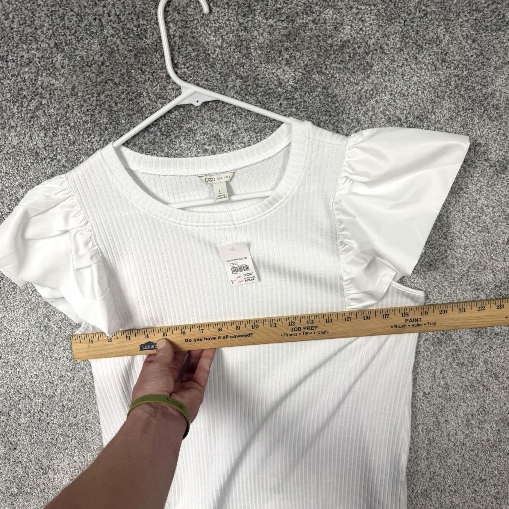 Vintage Cato Blouse L White Crew Neck Flutter Sleeve Ruffle Solid Ribbed Jersey Knit Lightweight Casual Summer Women’s Vintage NWT Size L / US 10 / IT 46 - 3 Thumbnail