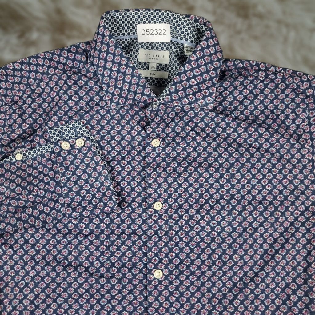 Ted Baker Ted Baker London Shirt Mens 17 Blue Floral Dress Button Up Long Sleeve Size 46R - 1 Thumbnail