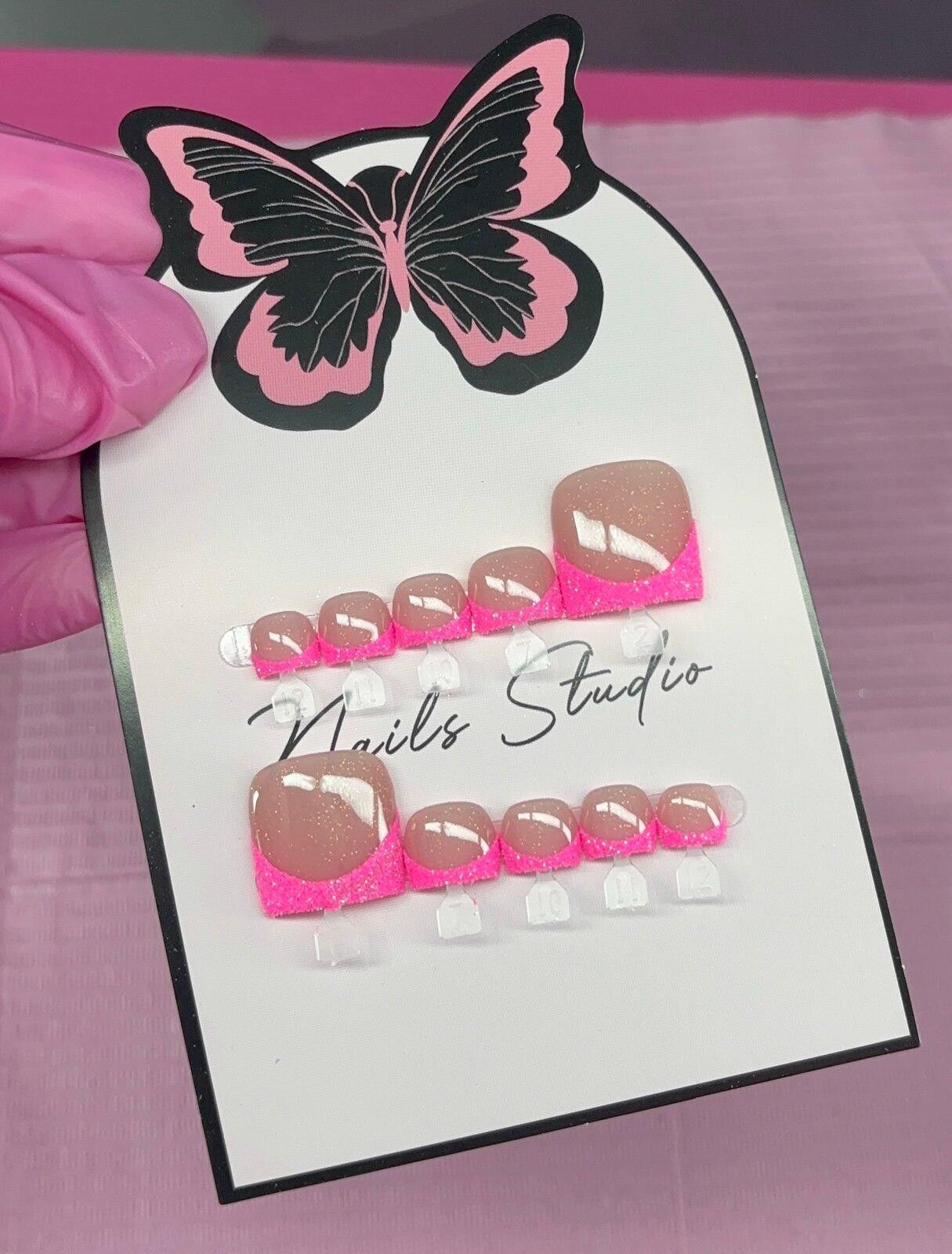 Handmade Press on toenails pink glitter French tips handmade custom Size ONE SIZE - 6 Thumbnail