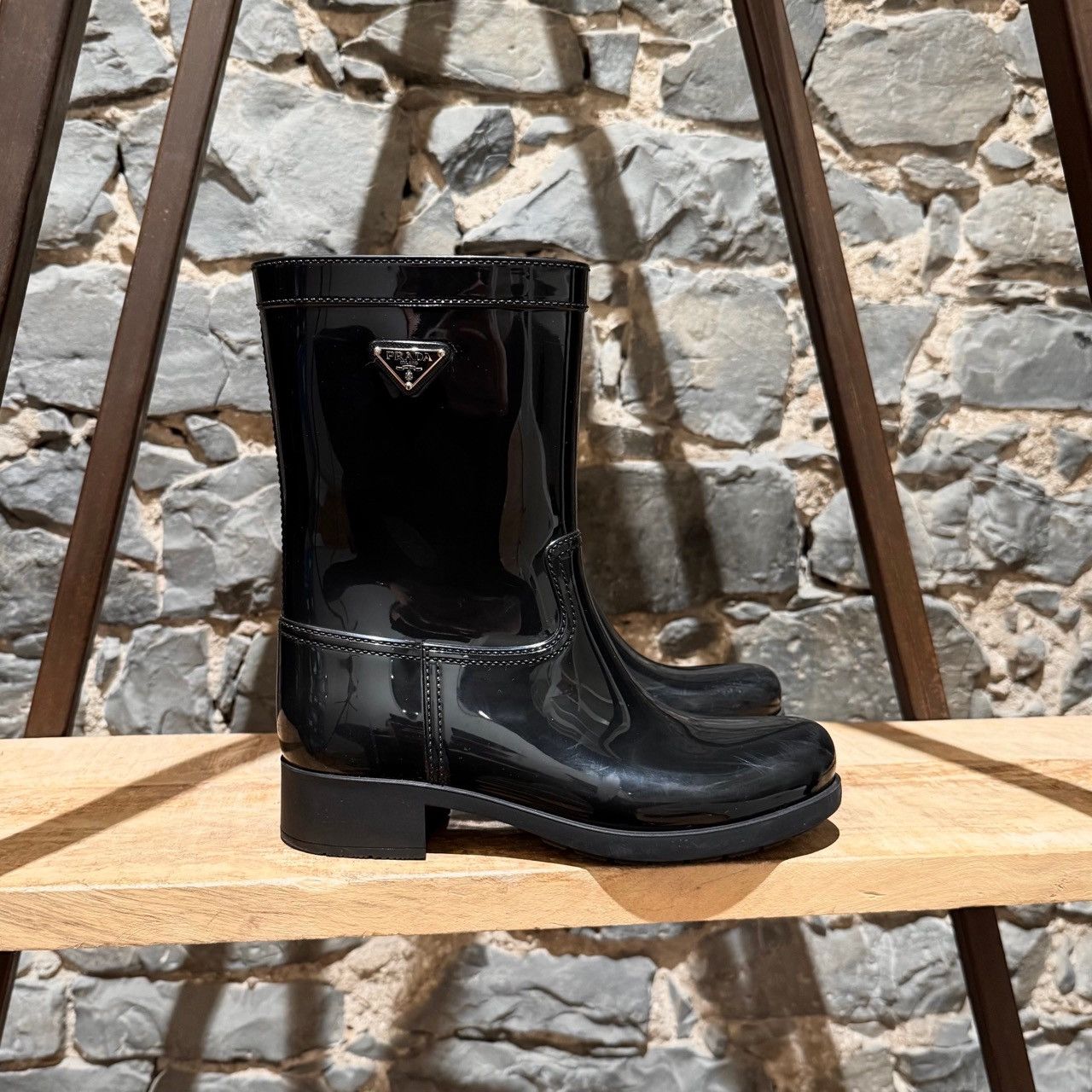 Prada Prada Black Enamel Triangle Mid-Calf Rain Boots Size US 8 / IT 38 - 1 Thumbnail