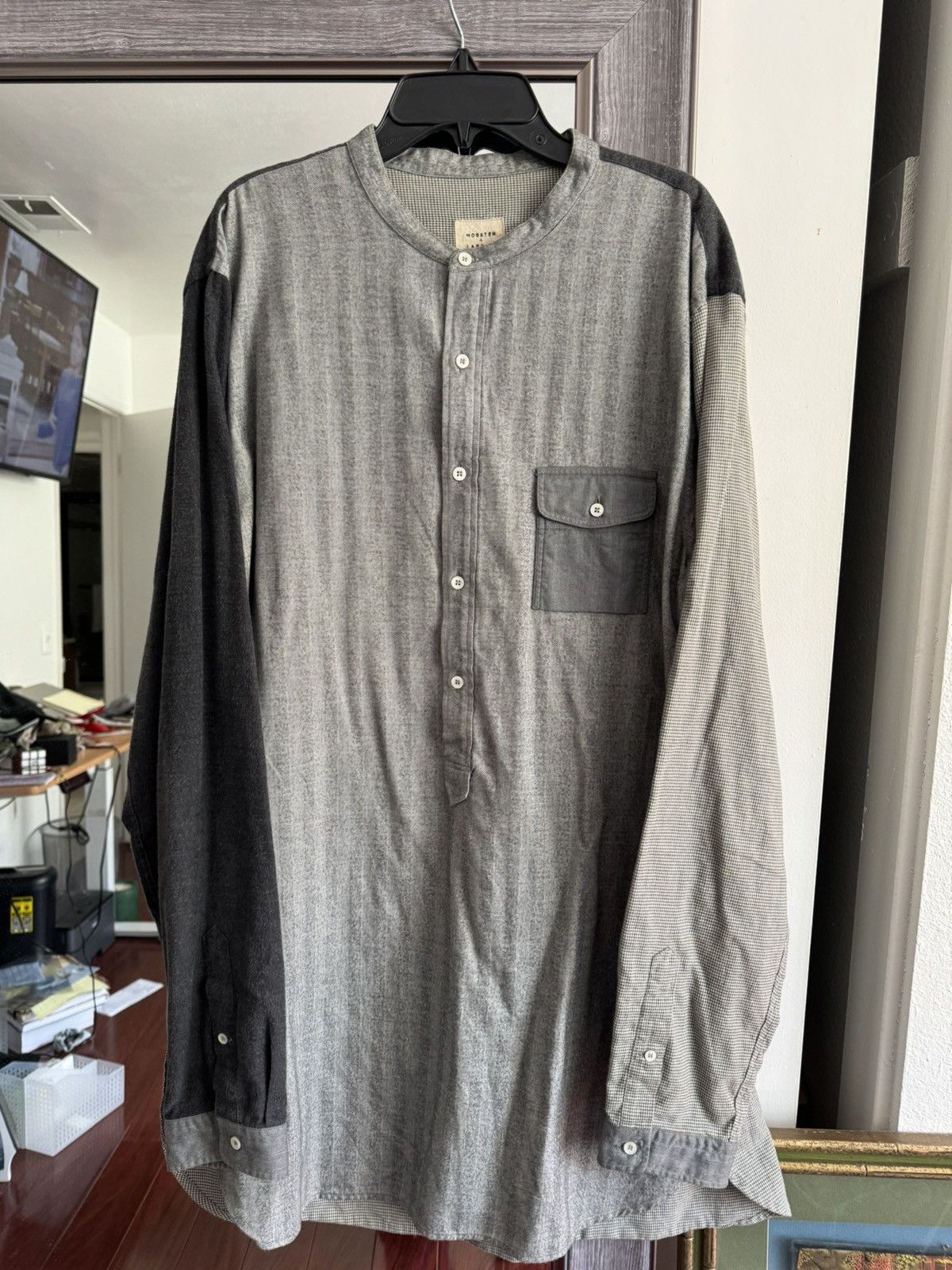 image of Wooster + Lardini Mixed Fabric Button Up Tunic Long Shirt in Grey, Men's (Size Large)