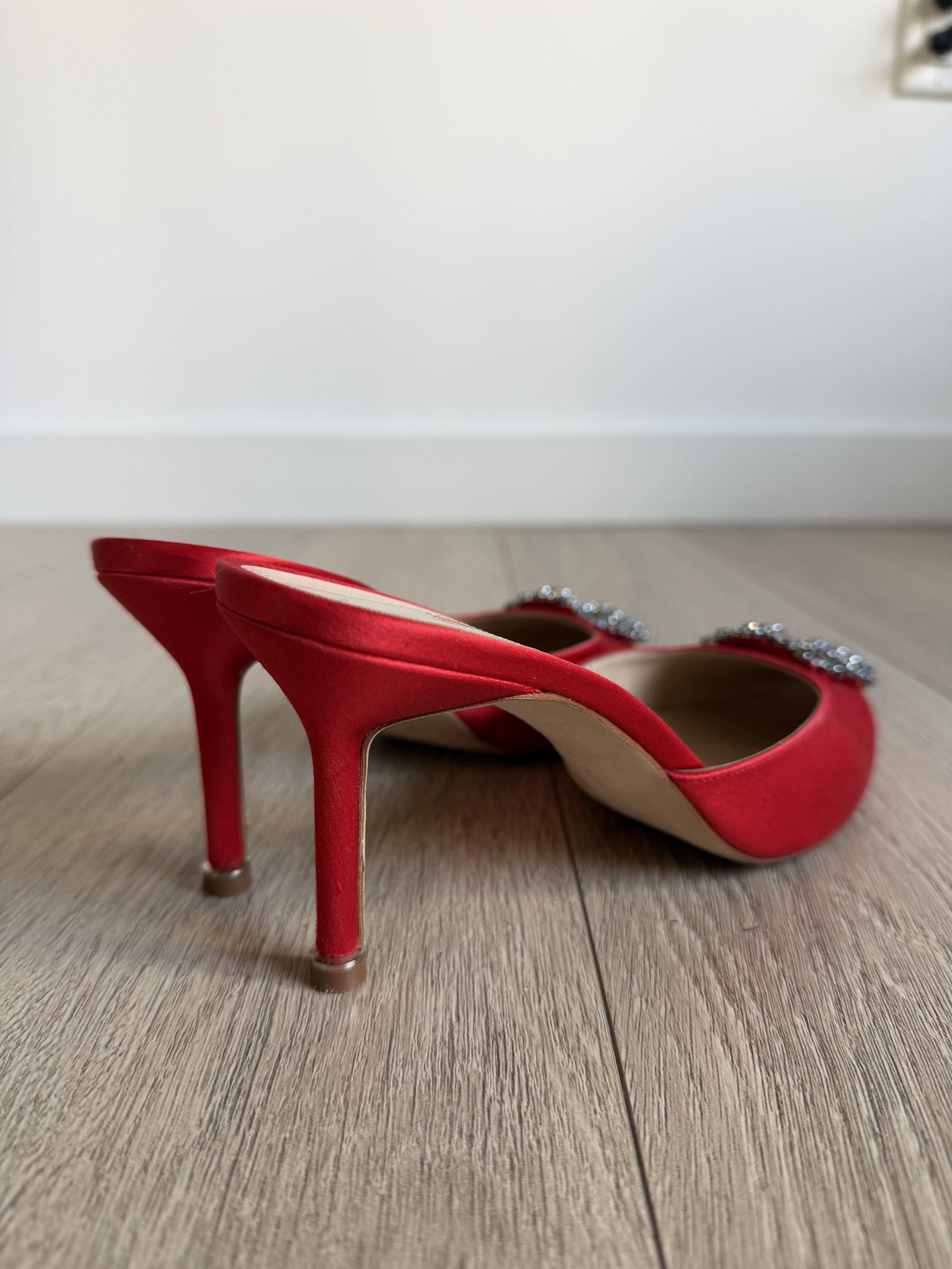 Manolo Blahnik Manolo Blahnik - HANGISIMU, Red Satin Jewel Buckle Mules Size US 7.5 / IT 37.5 - 5 Thumbnail