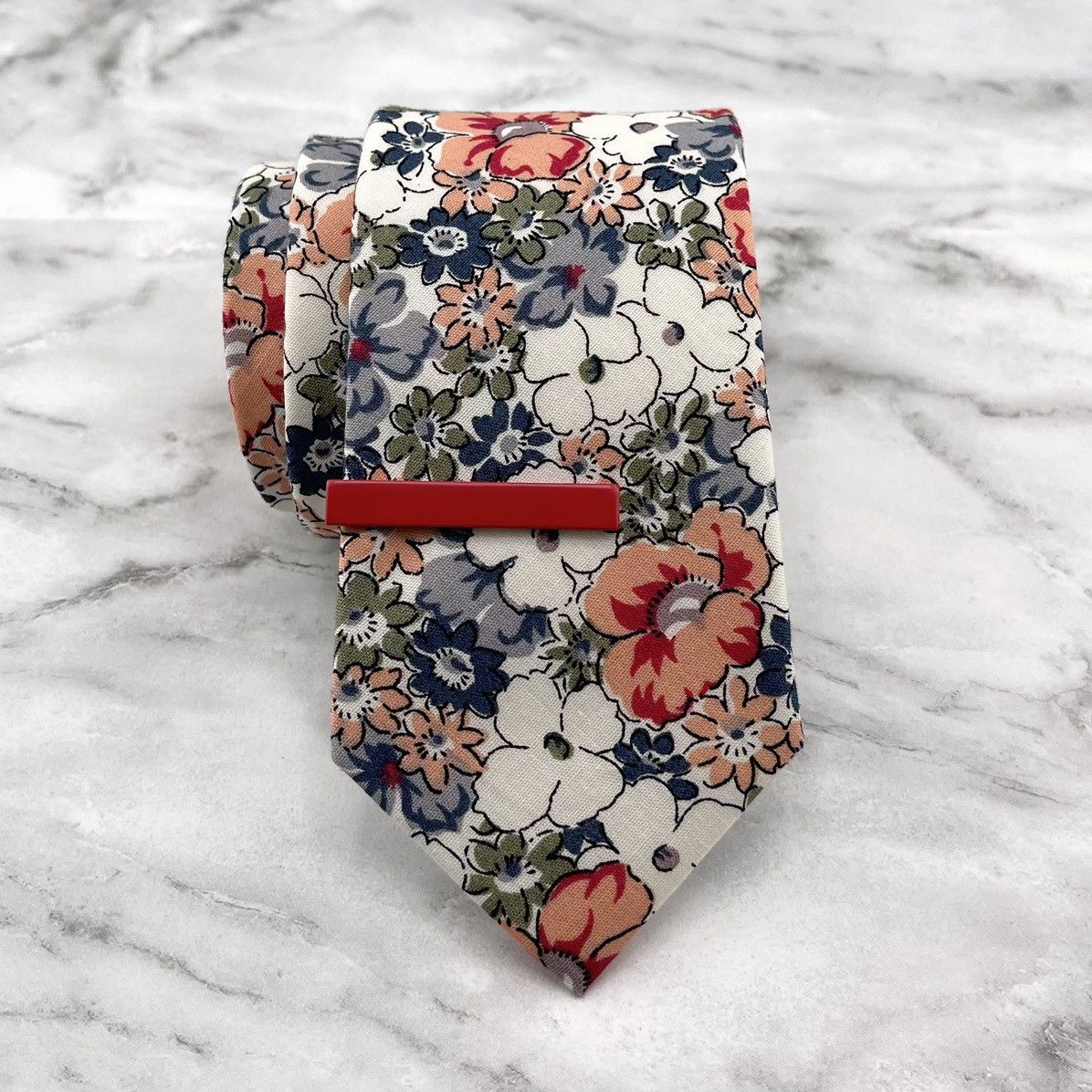 Other Men’s White Whimsy Floral Slim Necktie & Red Tie Bar Size ONE SIZE - 1 Thumbnail