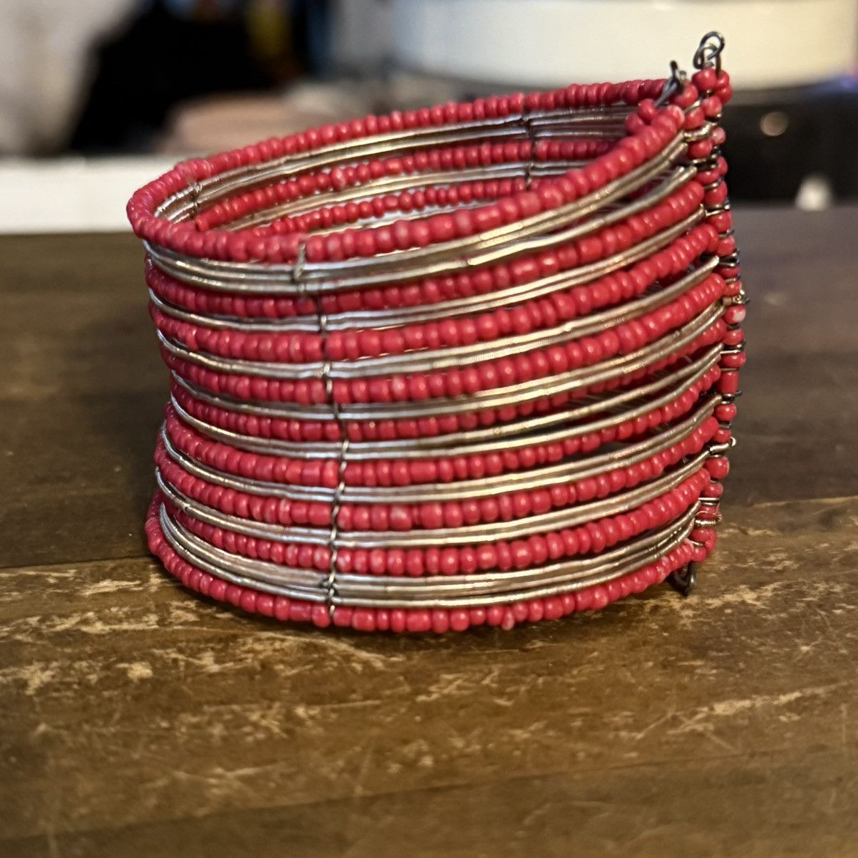 Other Red and silver beaded wide cuff bracelet Size ONE SIZE - 5 Thumbnail