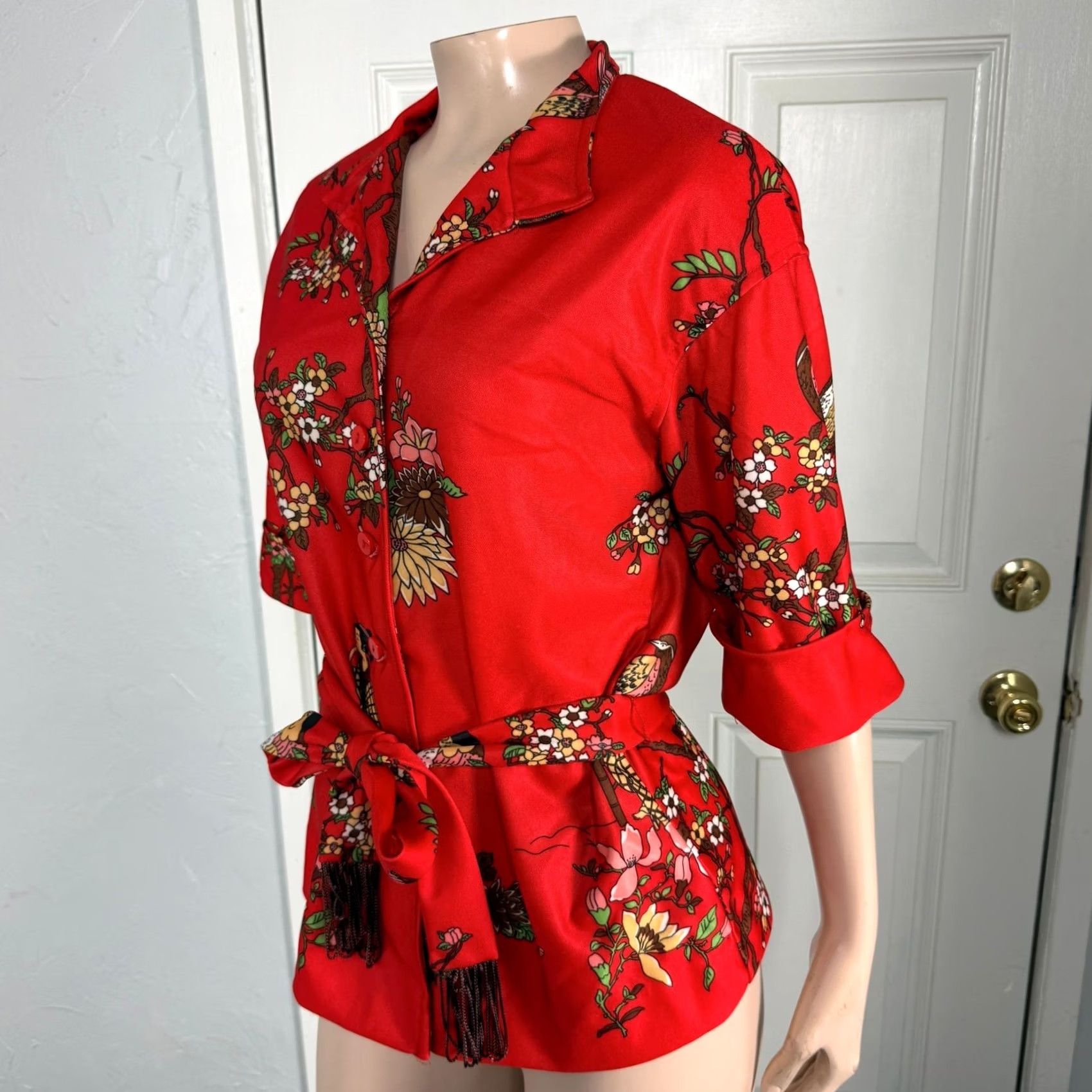 Vintage VINTAGE Leslie Fay Shirt Womens Floral Button Knit 70s Red Long Sleeve Classic Bohemian Yellow? Size S / US 4 / IT 40 - 3 Thumbnail