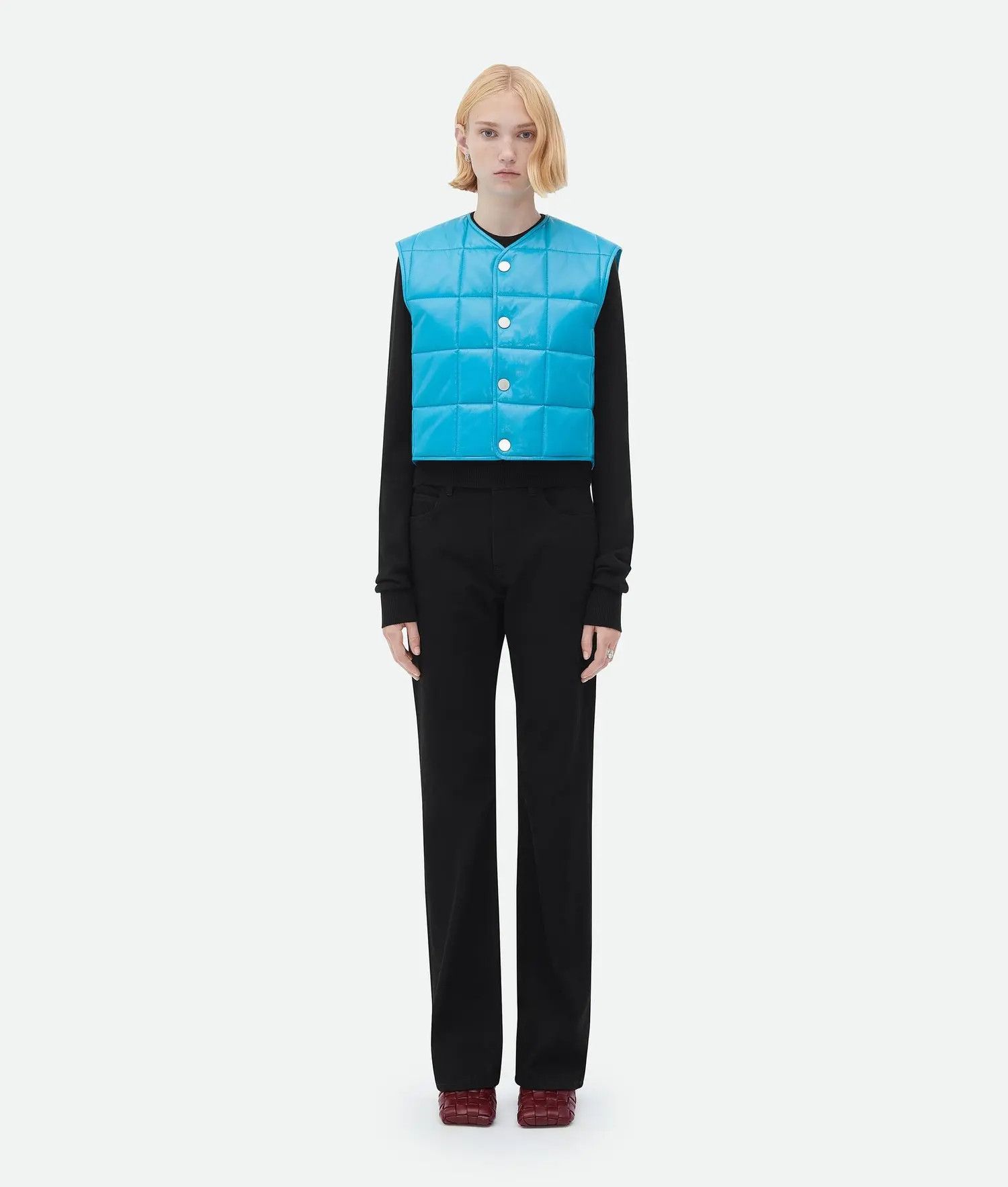 Bottega Veneta o1bcso1str0425 Shiny Leather Padded Gilet in Blue Size L / US 10 / IT 46 - 1 Thumbnail