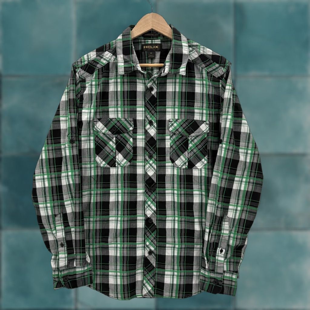 Vintage Helix Shirt Mens M Green Plaid Long Sleeve Button Front Athletic Y2K Grunge Size US M / EU 48-50 / 2 - 1 Thumbnail