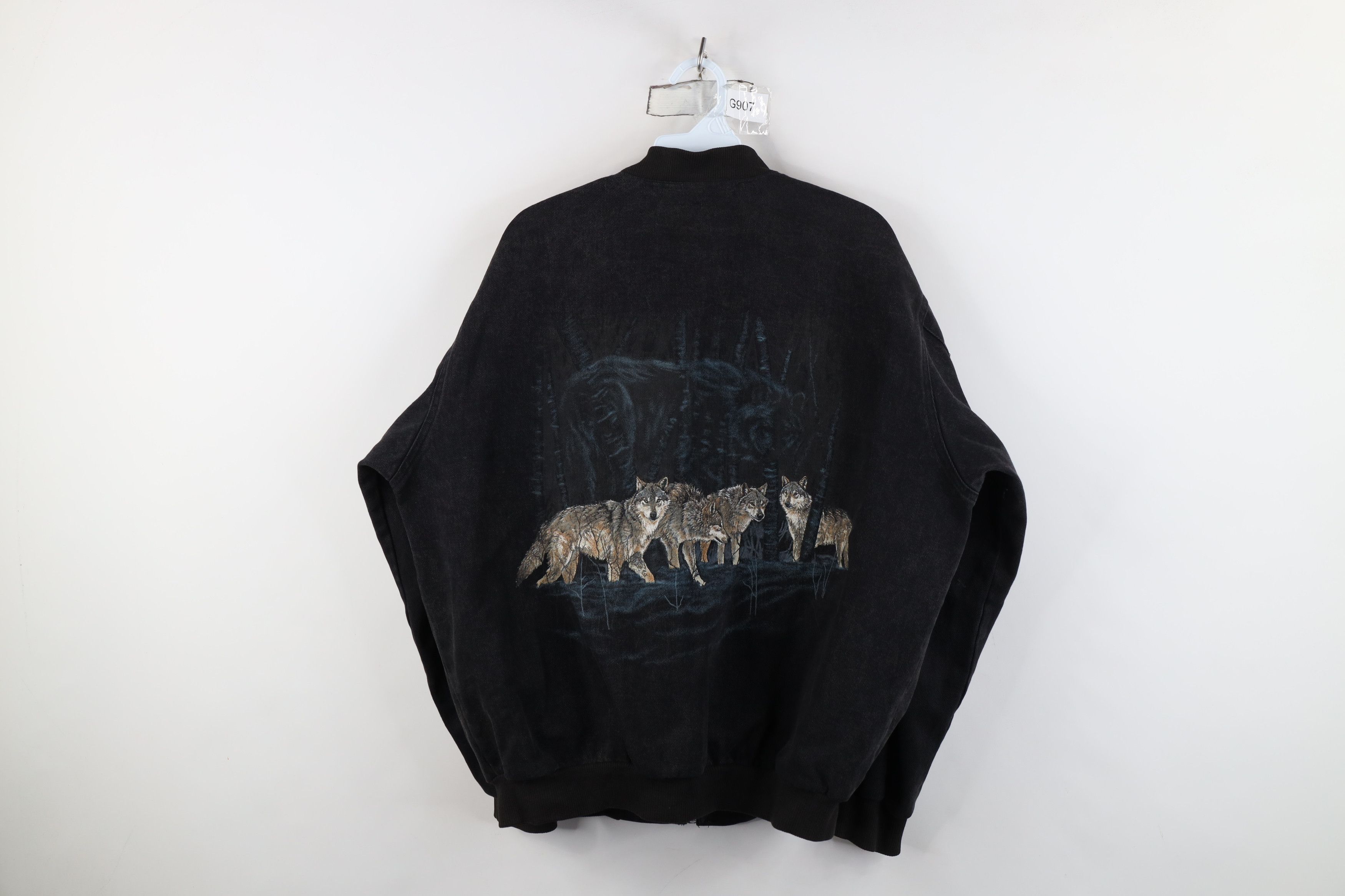 Vintage Vintage 90s Streetwear Nature Wolf Denim Bomber Jacket Black Size US S / EU 44-46 / 1 - 1 Thumbnail