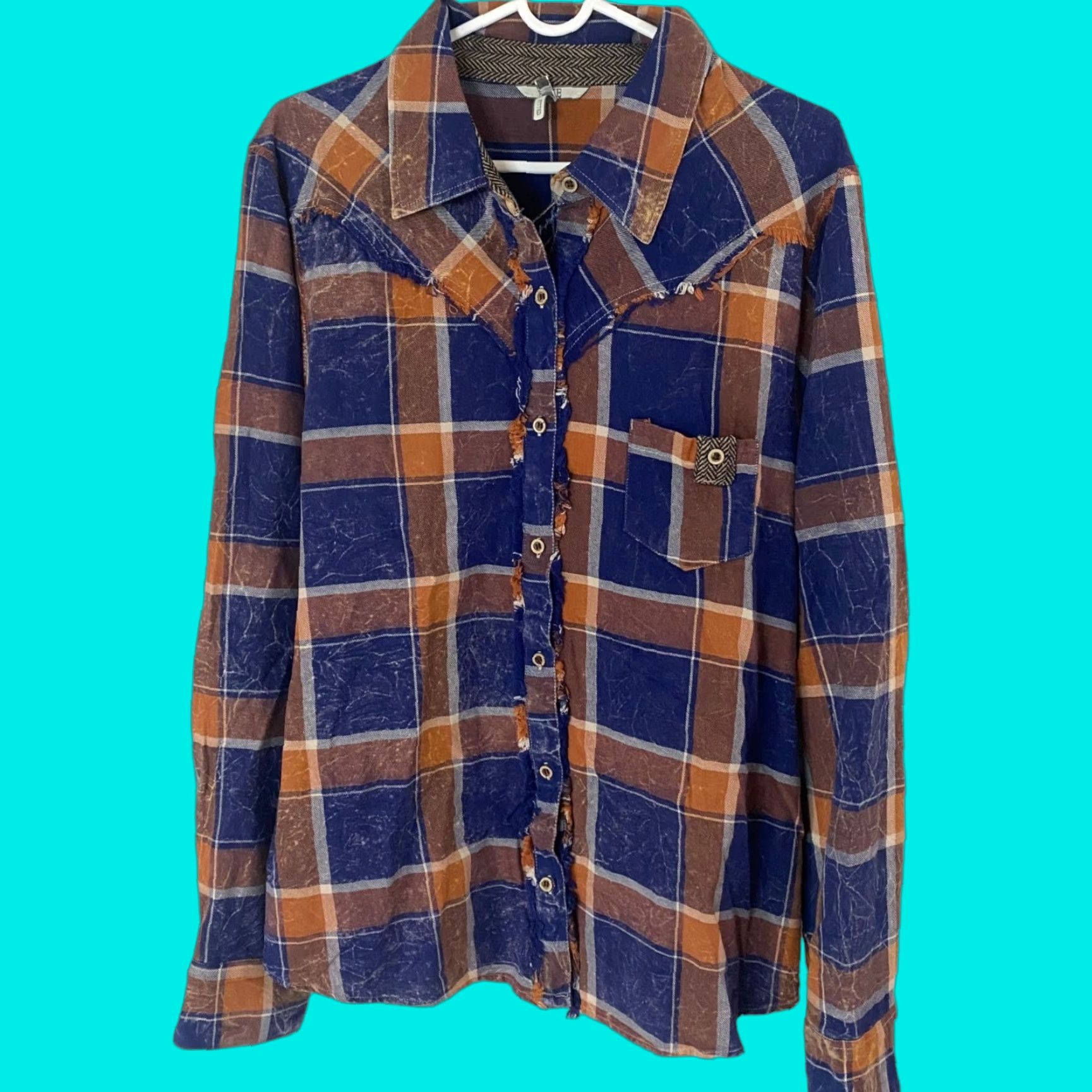BKE VINTAGE BKE Button Up Flannel Shirt South West Design Womens XL Blue Plaid Long Sleeve Size XL / US 12-14 / IT 48-50 - 1 Thumbnail