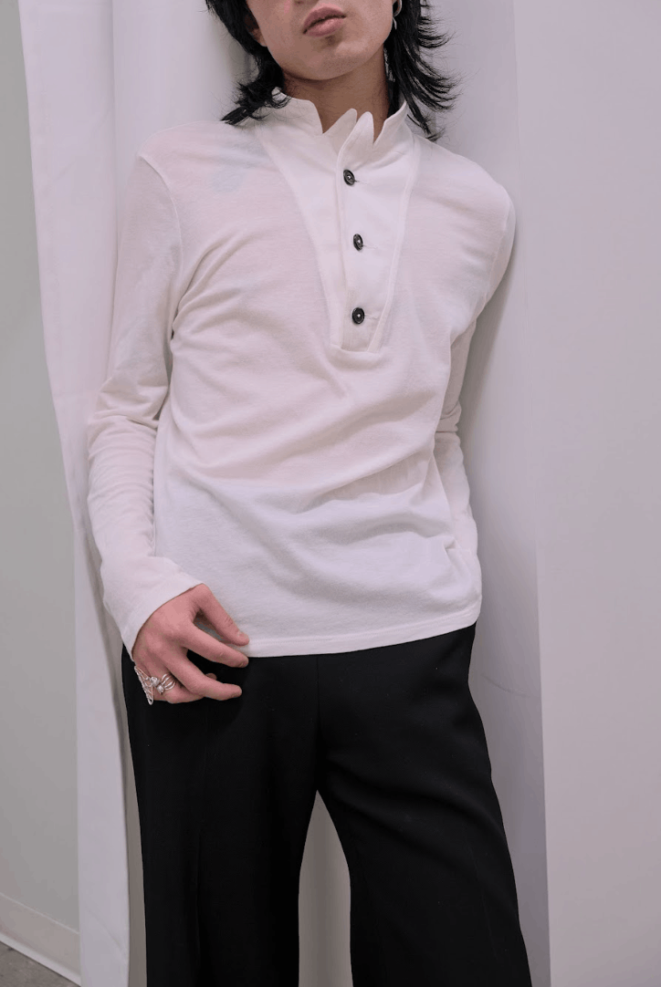 image of Ann Demeulemeester Long Sleeve White Polo Shirt, Men's (Size Medium)