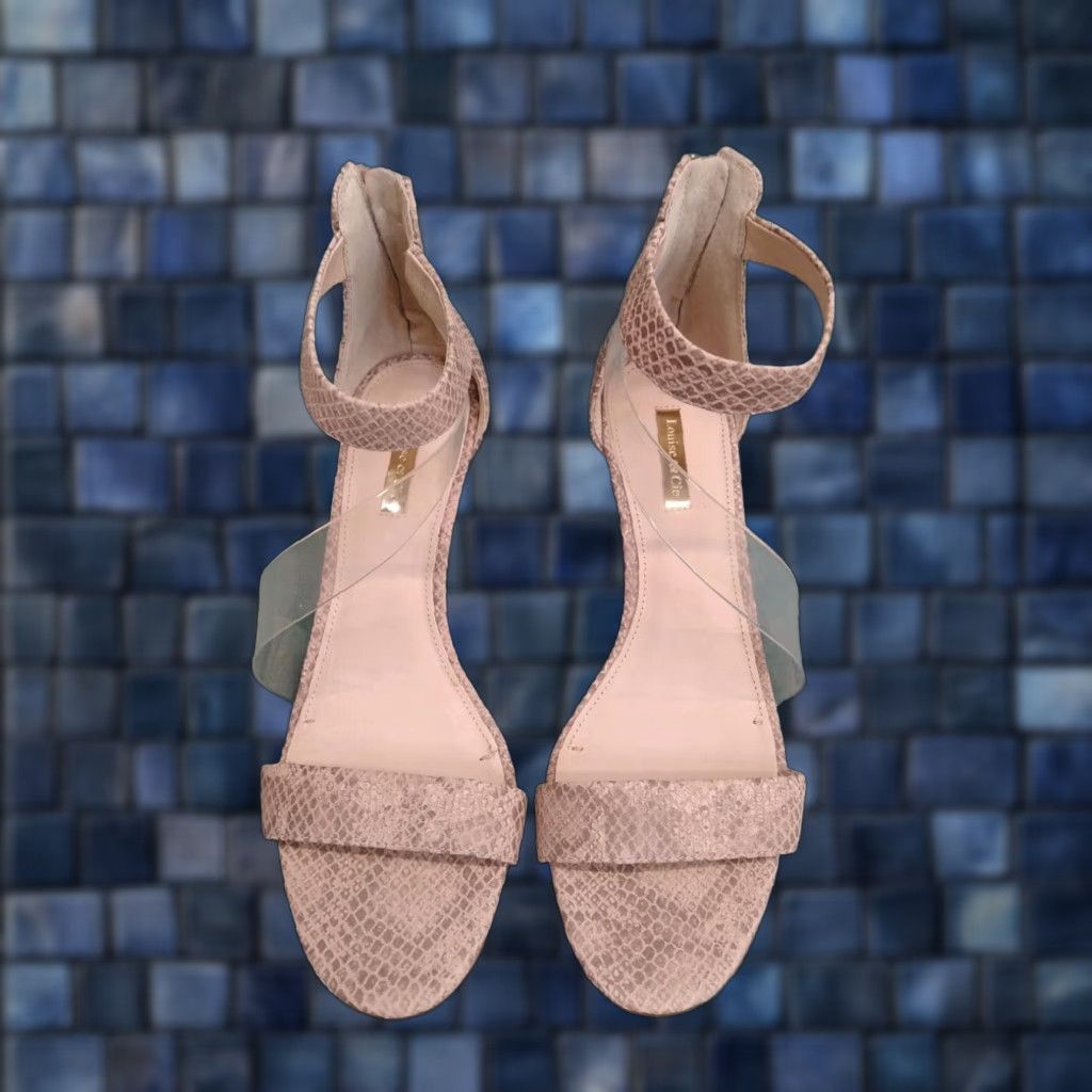 Vintage Louise Et Cie Sandals Womens Size 9 Medium Clear Grey/white Snake Print Leather 3 Inch Heel Shoes