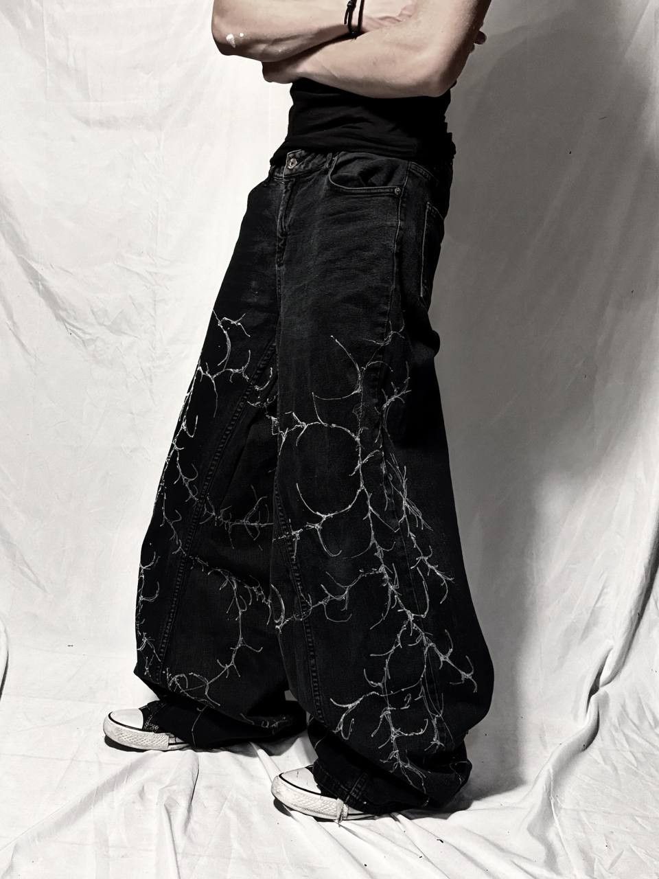 Japanese Brand Custom Black Baggy Jeans with White cyber sigilismPrint Size US 36 / EU 52 - 2 Thumbnail