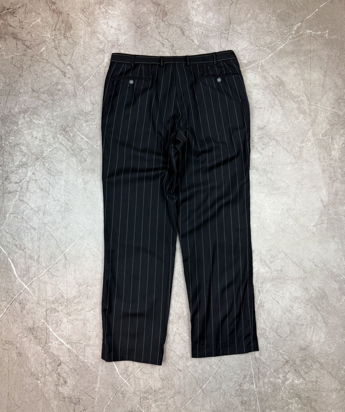 Burberry Burberry Pinstripe Pants Black Navy Wool Pleated Plaid Trim Size US 36 / EU 52 - 4 Thumbnail