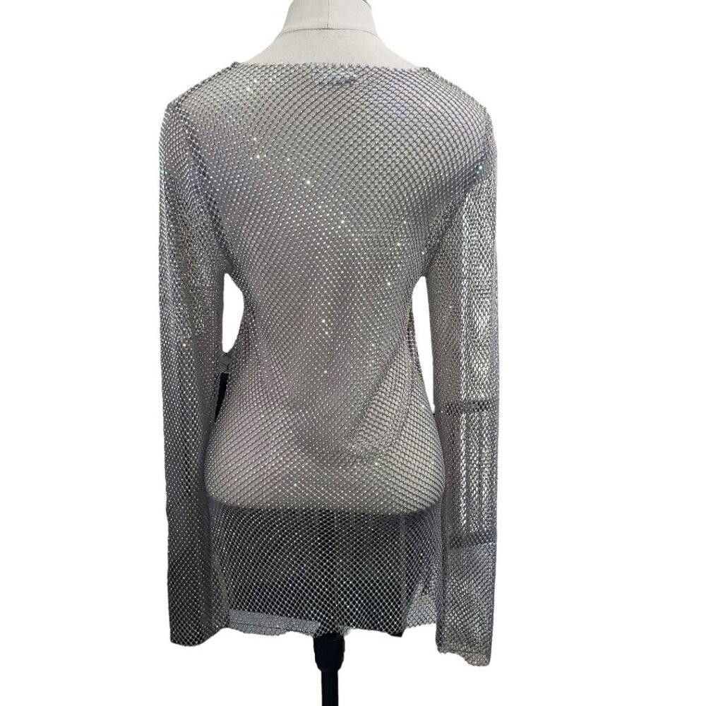Free People CT1755 Free People Metallic Mesh Iridescent Long Sleeve Top Size L / US 10 / IT 46 - 5 Thumbnail