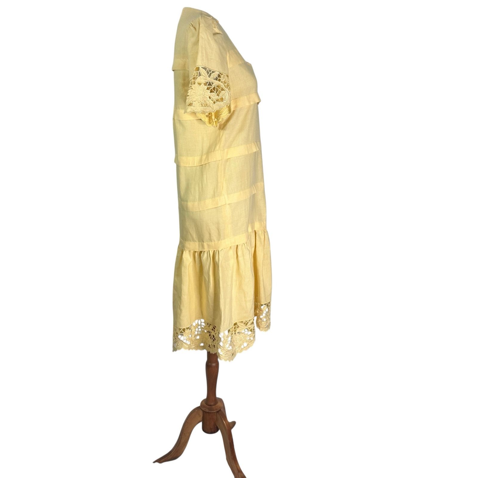 Vintage Vintage 80s Yellow Linen Floral Lace Cottagecore Dress M Size M / US 6-8 / IT 42-44 - 7 Thumbnail