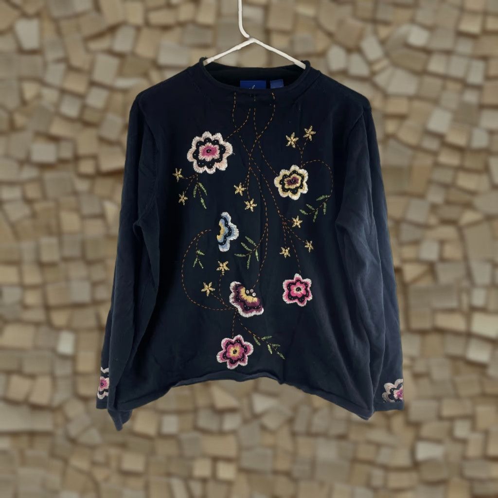 Vintage JH Collectibles Sweater Women's XL Black Pullover Embroidered Floral Siq Crew Neck Long Sleeve Modern Size XL / US 12-14 / IT 48-50 - 1 Thumbnail