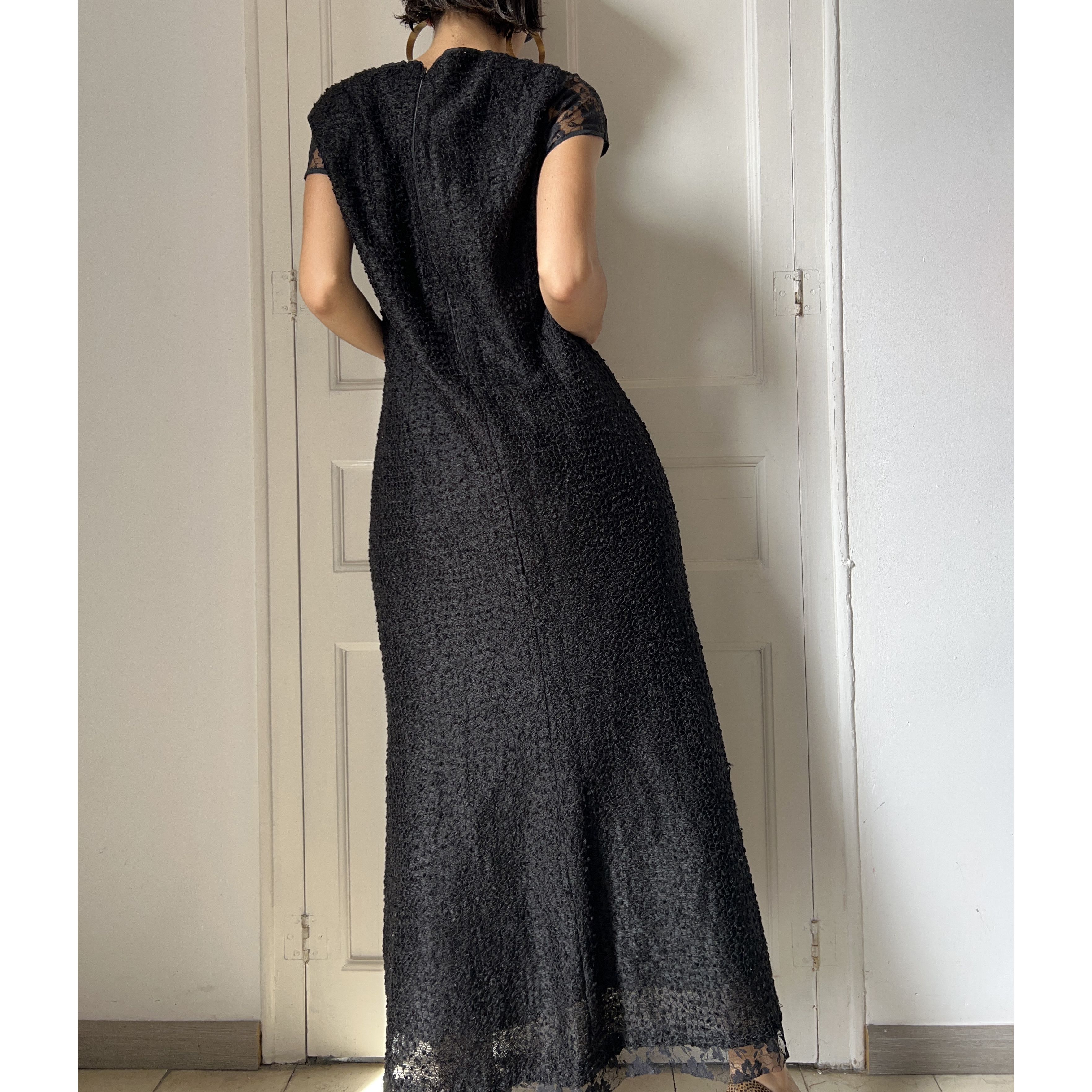 Vintage Vintage 90s Black Bouclé Lace Maxi Dress Size M / US 6-8 / IT 42-44 - 3 Thumbnail
