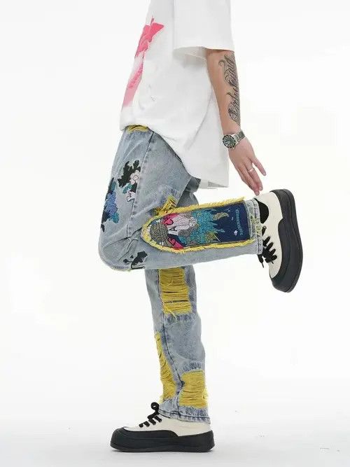 Japanese Brand Kataishi x Kita Embroidered Patch Denim Ripped Jeans Size US 32 / EU 48 - 5 Thumbnail