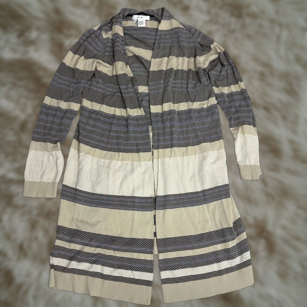 Vintage Per Se Beige Stripe Cardigan Sweater Open Front Knit Long Sleeve Sz M Womens Size M / US 6-8 / IT 42-44 - 1 Thumbnail