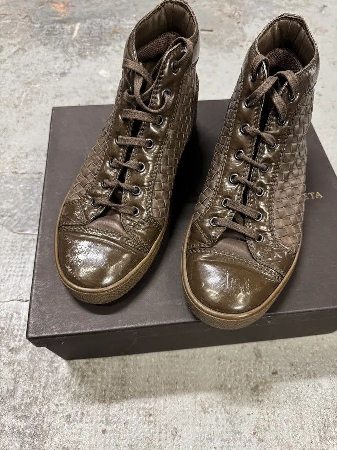 Bottega Veneta Bottega Veneta Intrecciato Woven Shiny Brown Leather High Top Sneakers Size US 7 / EU 40 - 3 Thumbnail