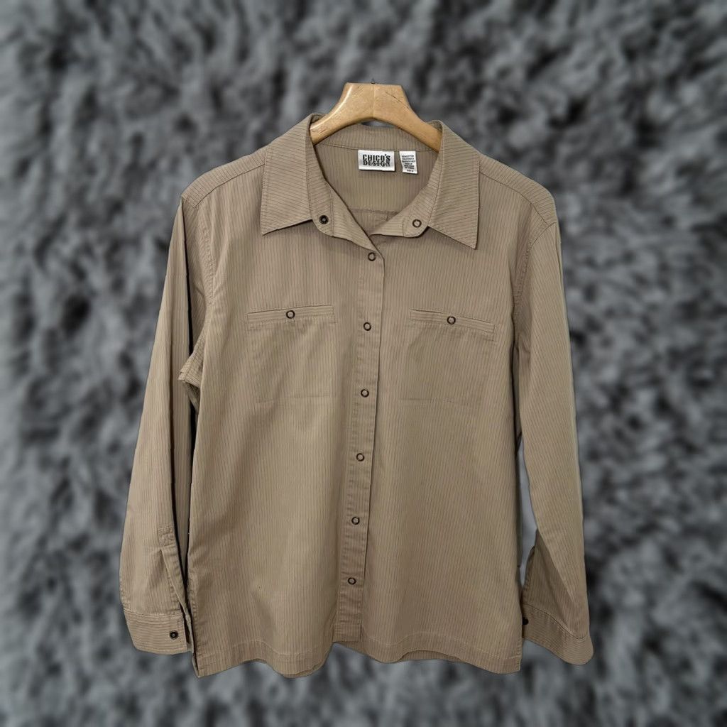 Vintage Chico's Tan and Black Striped Boxy Snap Front Shirt Women's Large Size L / US 10 / IT 46 - 1 Thumbnail