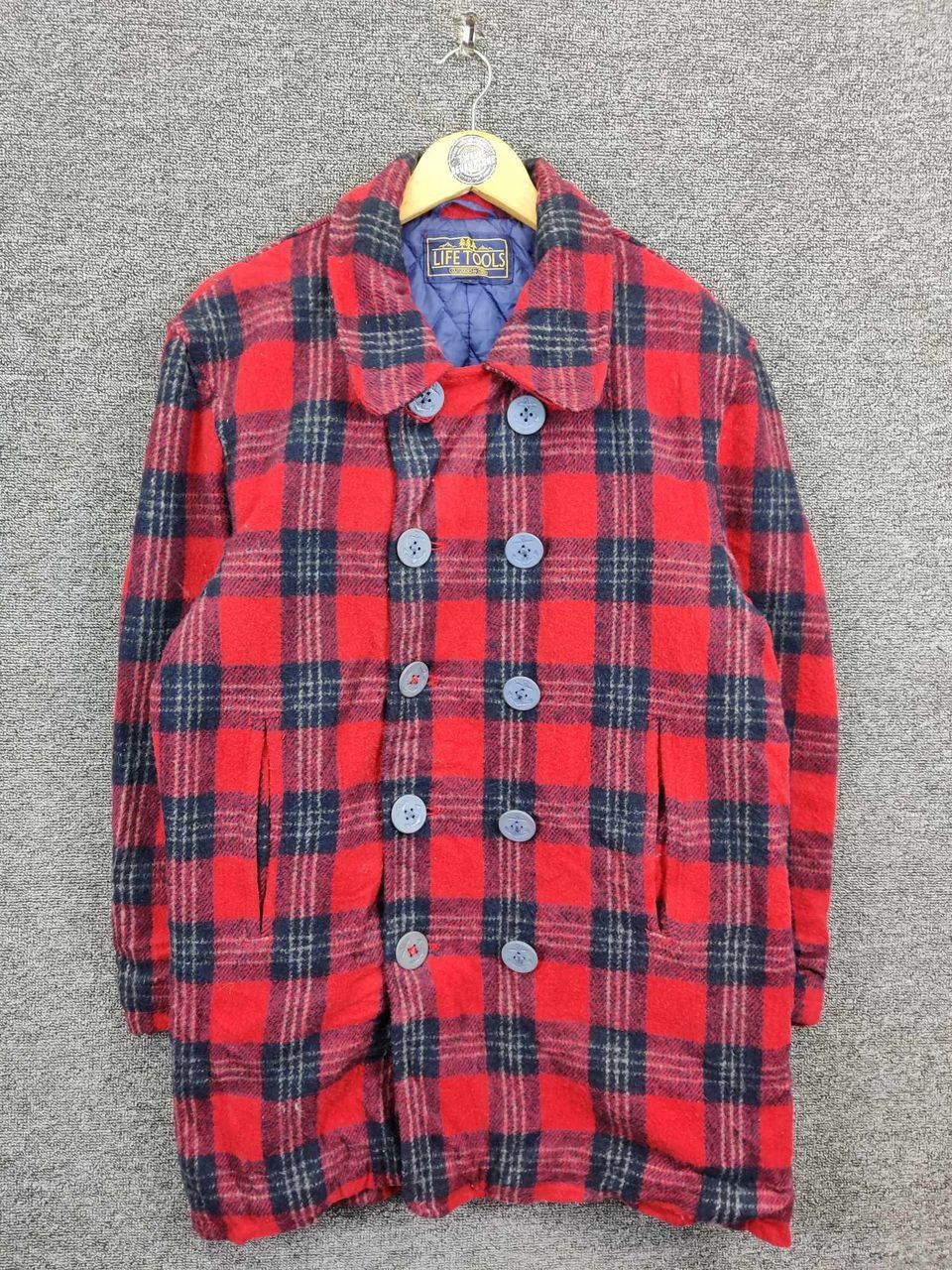 Japanese Brand Vintage Life Tools Plaid Wool Double Breasted Button Coat Size US L / EU 52-54 / 3 - 1 Thumbnail
