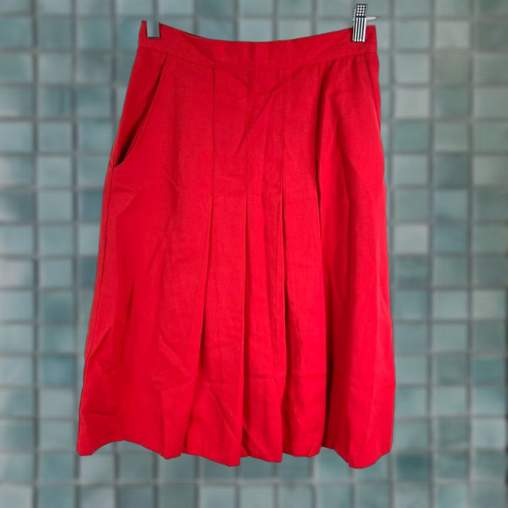 Vintage VINTAGE Fundamental Things Skirt Womens Size 10 A-Line Midi Pockets Red 26X26 80s 90s Pol yester Rayon Zip High Rise - (Machine Washable) Size 32" / US 10 / IT 46 - 1 Thumbnail