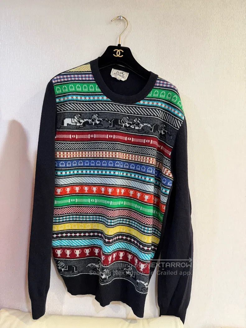 Hermes Hermes Striped and floral patterned knitted sweater Size L / US 10 / IT 46 - 1 Thumbnail
