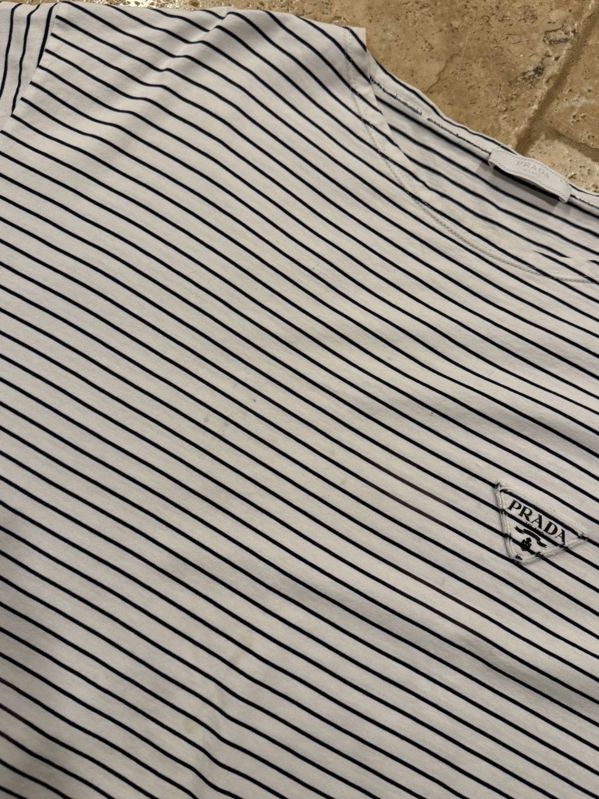 Prada Prada Striped Navy White Cotton Triangle Logo T-Shirt Size US XXL / EU 58 / 5 - 9 Thumbnail